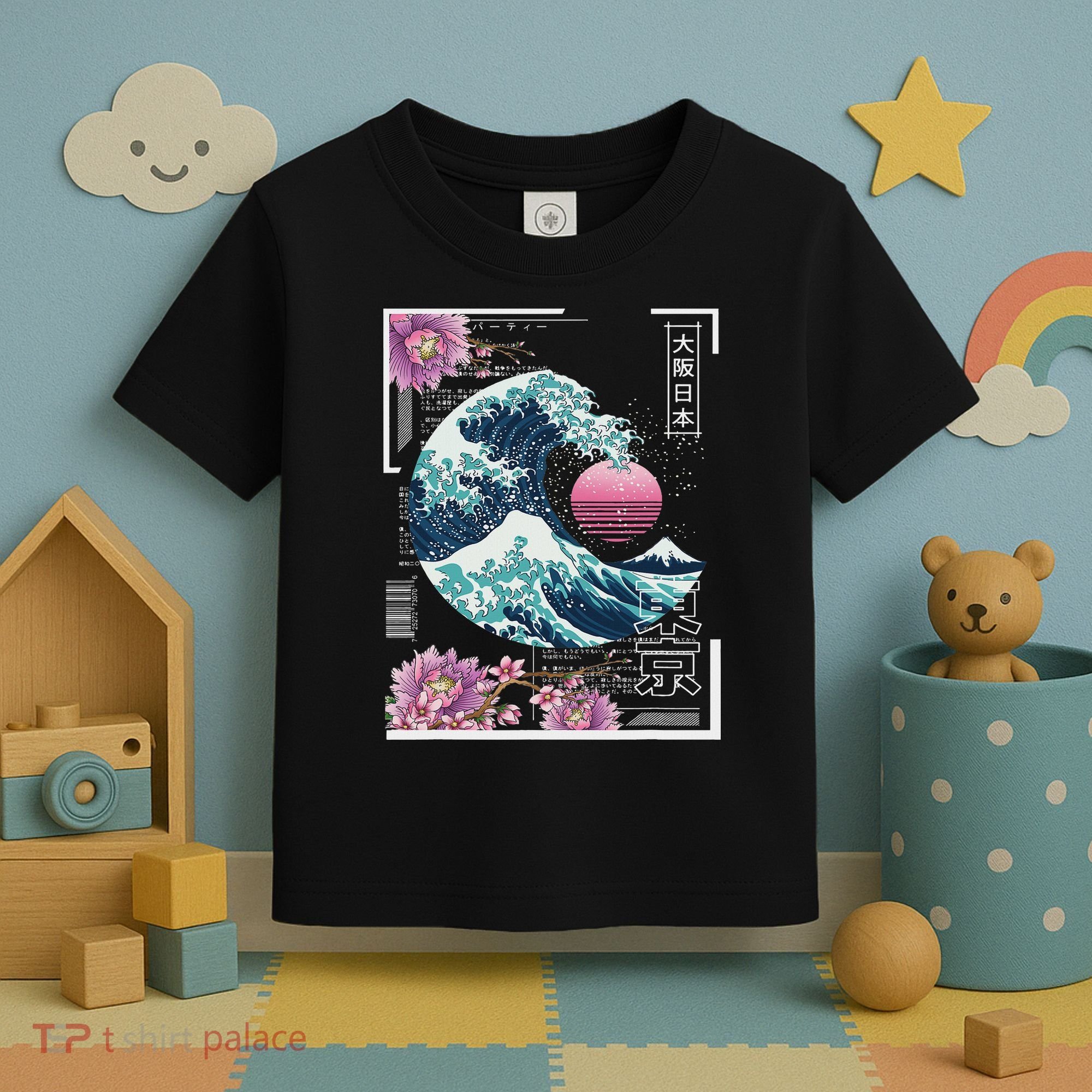 Vaporwave Synthwave 80's Japan Japanese Great Wave Tokyo 80s Toddler T-Shirt