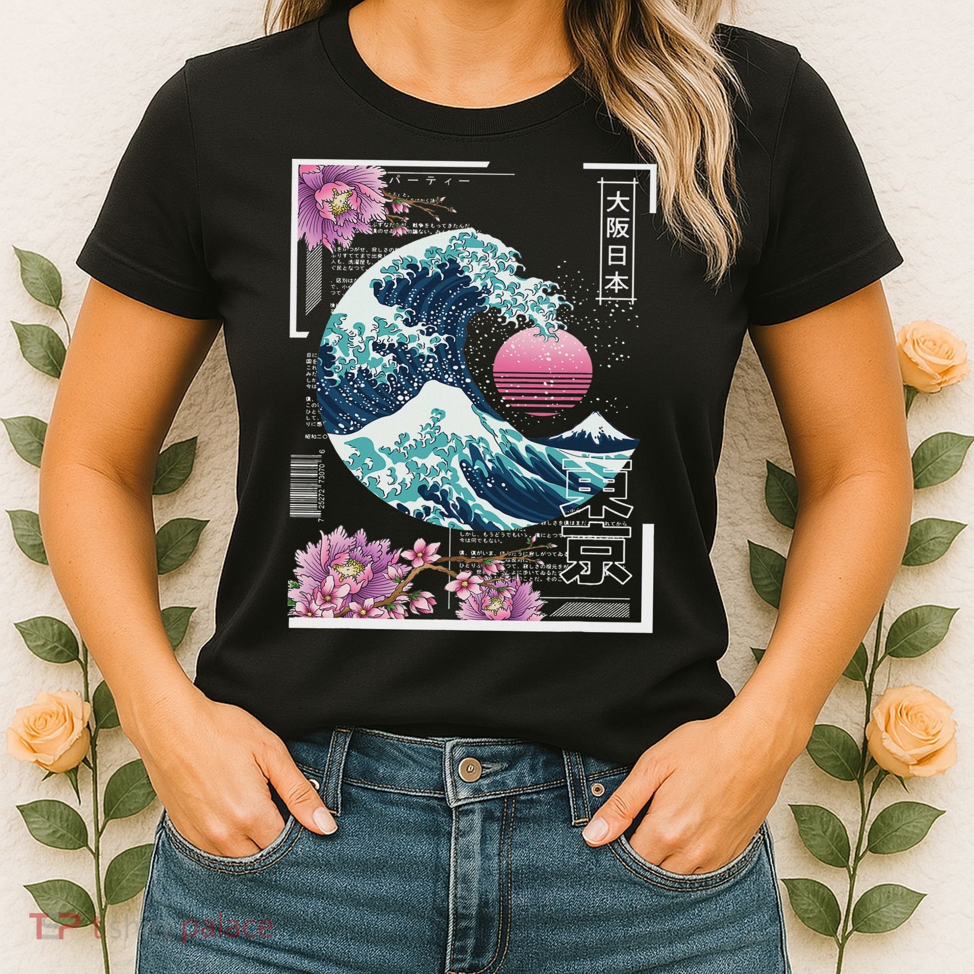 Vaporwave Synthwave 80's Japan Japanese Great Wave Tokyo 80s Women's T-Shirt