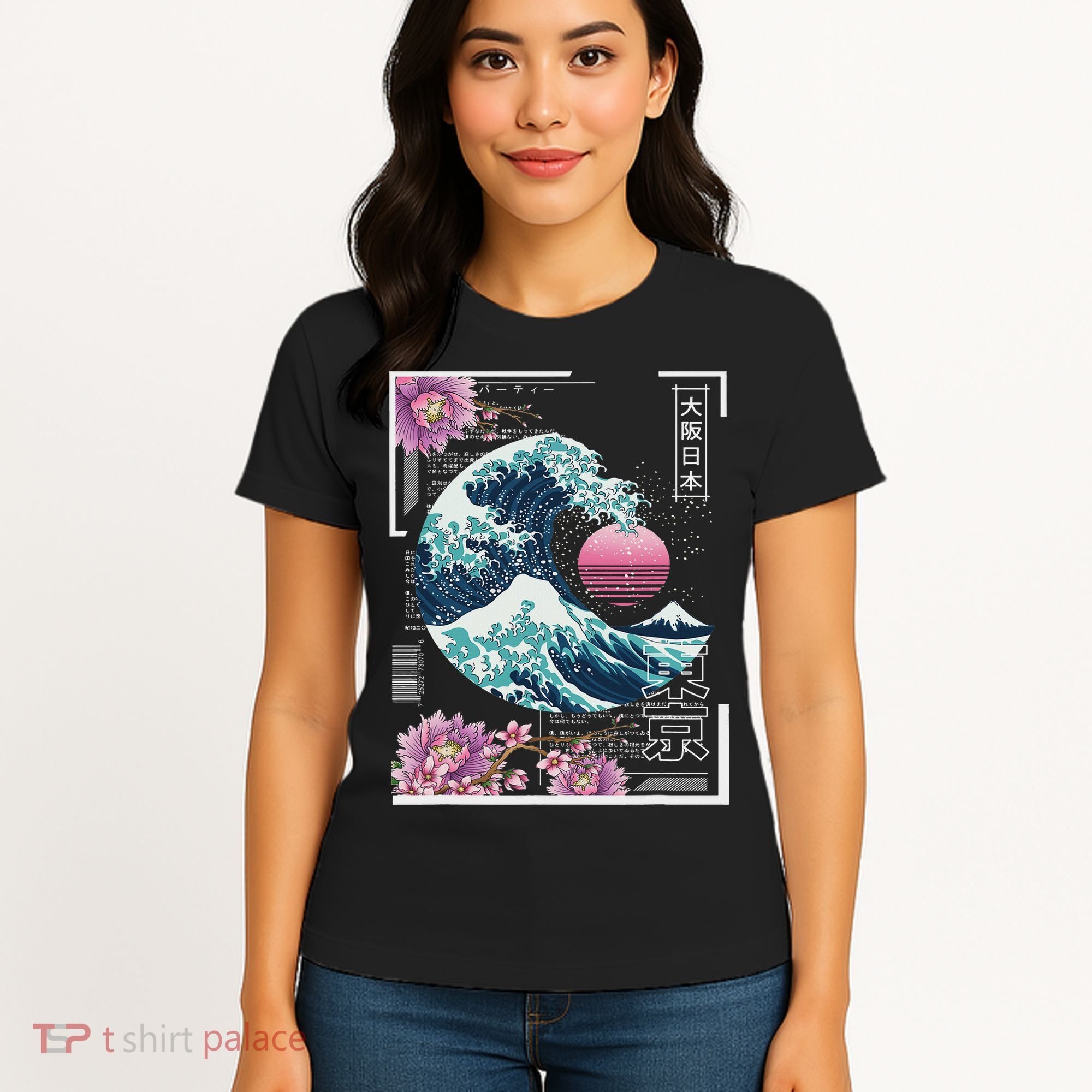 Vaporwave Synthwave 80's Japan Japanese Great Wave Tokyo 80s Women's T-Shirt