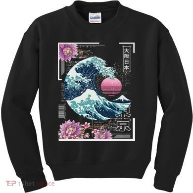 Vaporwave Synthwave 80's Japan Japanese Great Wave Tokyo 80s Kids Sweatshirt