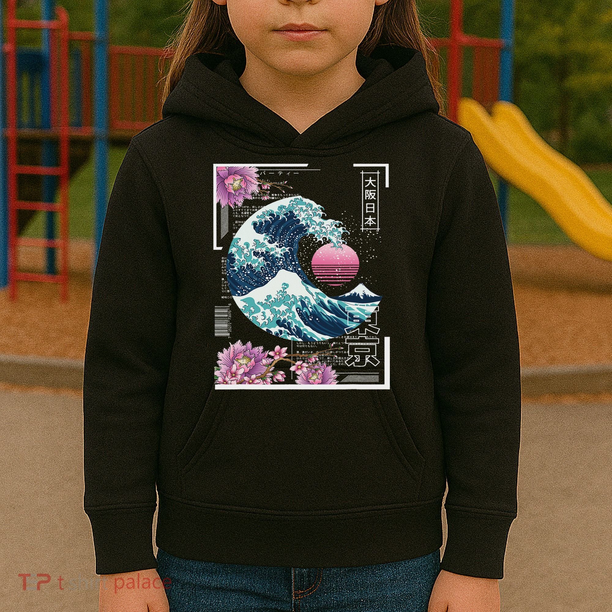 Vaporwave Synthwave 80's Japan Japanese Great Wave Tokyo 80s Kids Hoodie