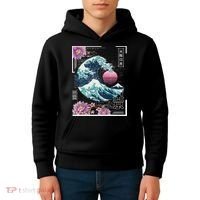 Vaporwave Synthwave 80's Japan Japanese Great Wave Tokyo 80s Kids Hoodie thumb 4