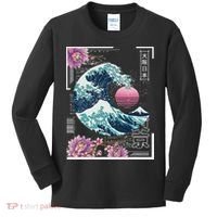 Vaporwave Synthwave 80's Japan Japanese Great Wave Tokyo 80s Kids Long Sleeve Shirt thumb 0