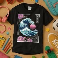 Vaporwave Synthwave 80's Japan Japanese Great Wave Tokyo 80s Kids T-Shirt thumb 3