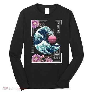 Vaporwave Synthwave 80's Japan Japanese Great Wave Tokyo 80s Long Sleeve Shirt