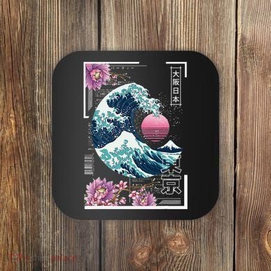 Vaporwave Synthwave 80's Japan Japanese Great Wave Tokyo 80s Coaster