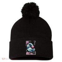 Vaporwave Synthwave 80's Japan Japanese Great Wave Tokyo 80s Pom Pom 12in Knit Beanie thumb 0