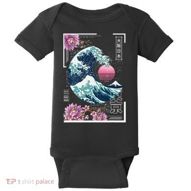 Vaporwave Synthwave 80's Japan Japanese Great Wave Tokyo 80s Baby Bodysuit