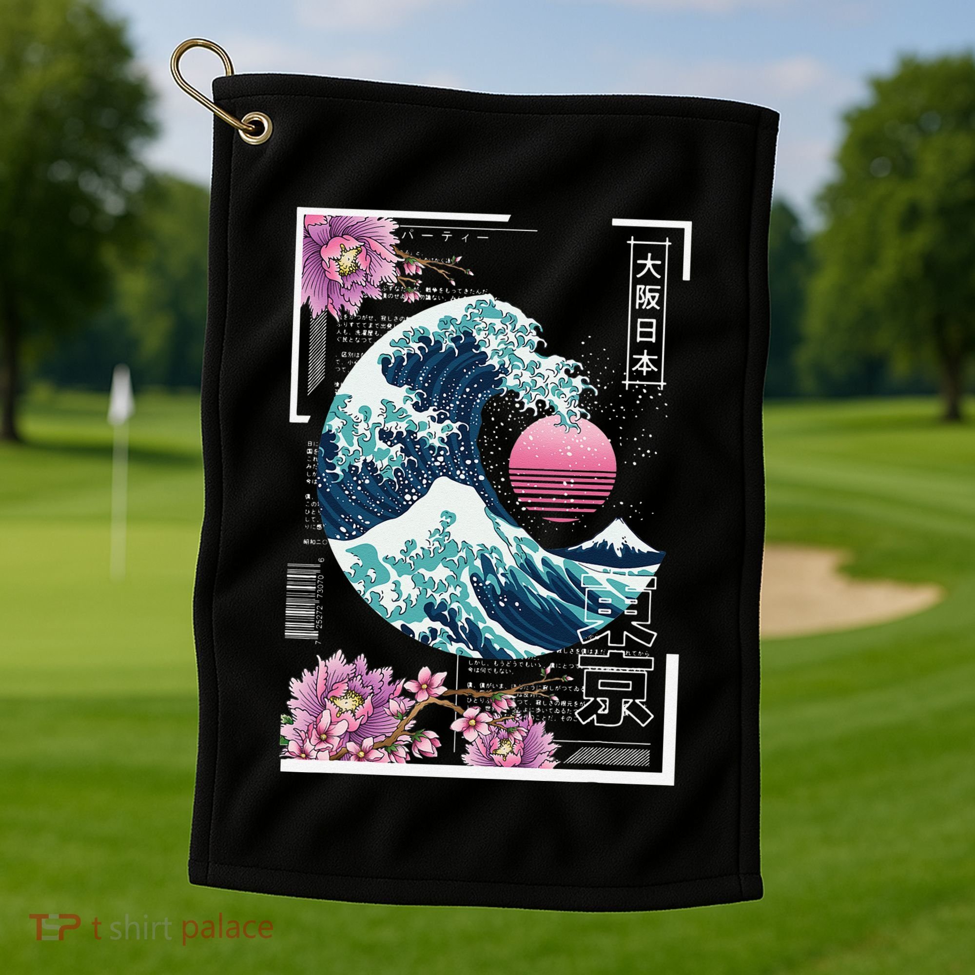 Vaporwave Synthwave 80's Japan Japanese Great Wave Tokyo 80s Golf Towel