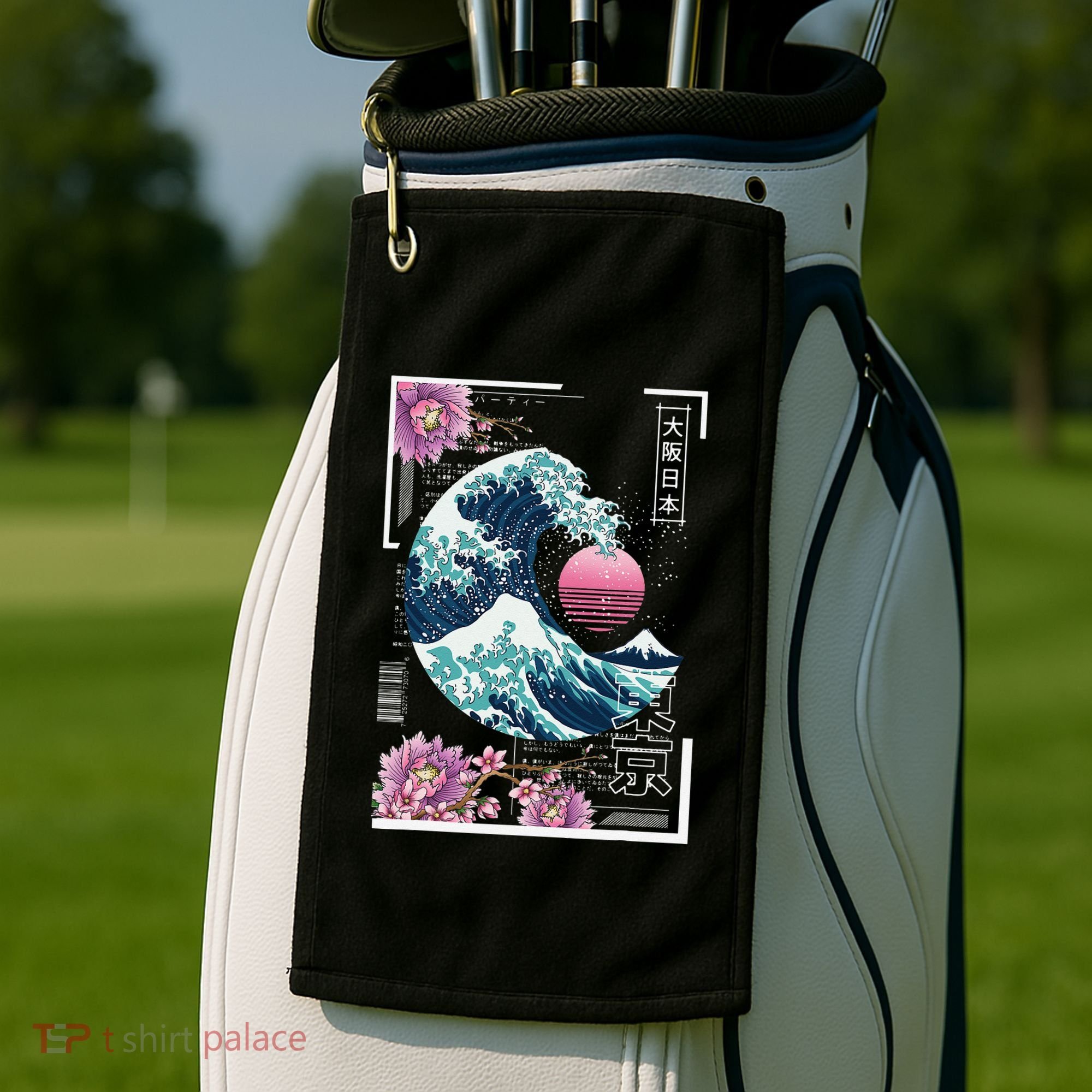 Vaporwave Synthwave 80's Japan Japanese Great Wave Tokyo 80s Golf Towel