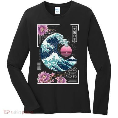 Vaporwave Synthwave 80's Japan Japanese Great Wave Tokyo 80s Women's Long Sleeve Shirt
