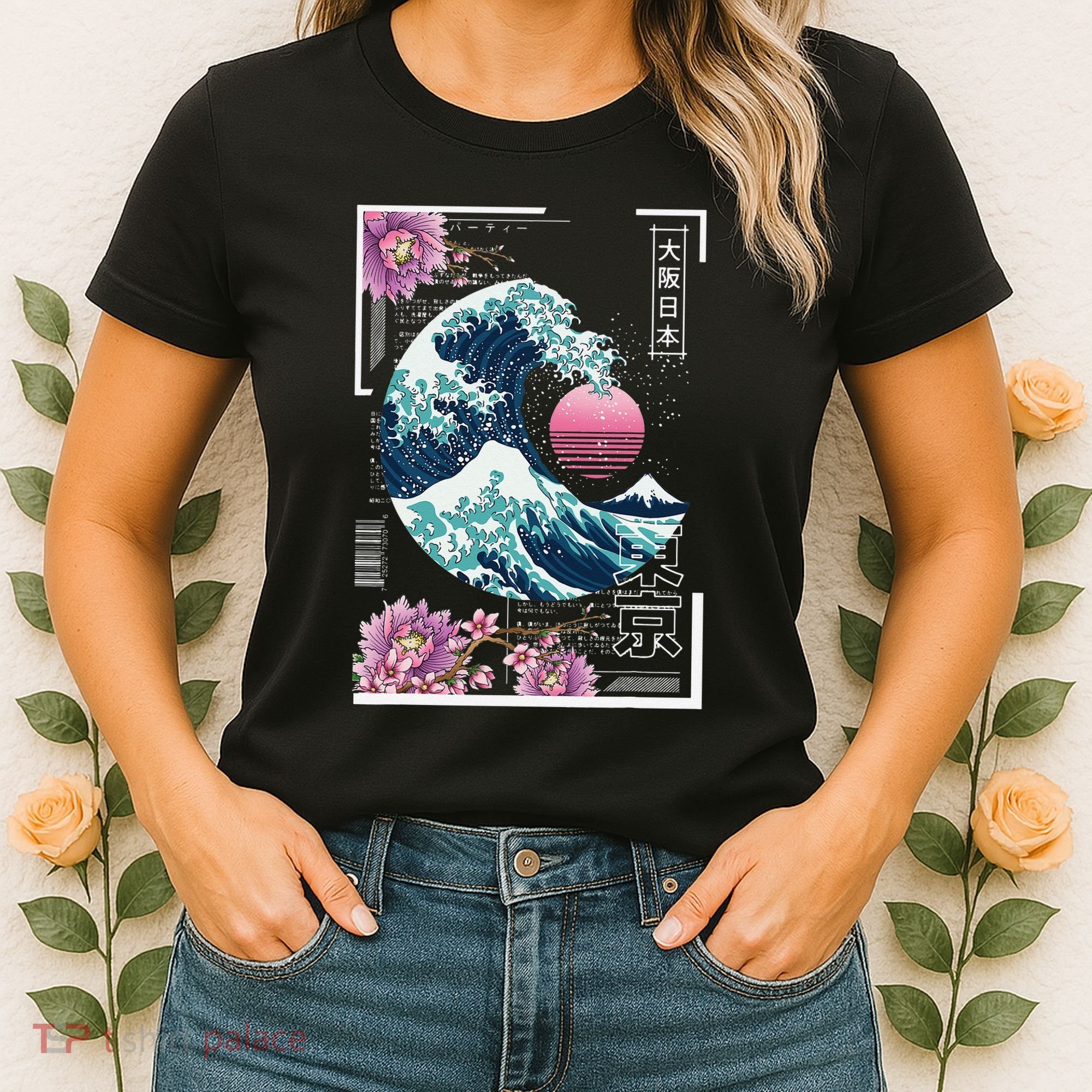 Vaporwave Synthwave 80's Japan Japanese Great Wave Tokyo 80s Women's T-Shirt