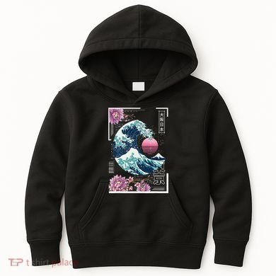 Vaporwave Synthwave 80's Japan Japanese Great Wave Tokyo 80s Kids Hoodie