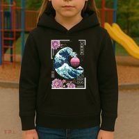 Vaporwave Synthwave 80's Japan Japanese Great Wave Tokyo 80s Kids Hoodie thumb 3