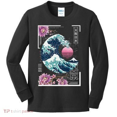 Vaporwave Synthwave 80's Japan Japanese Great Wave Tokyo 80s Kids Long Sleeve Shirt