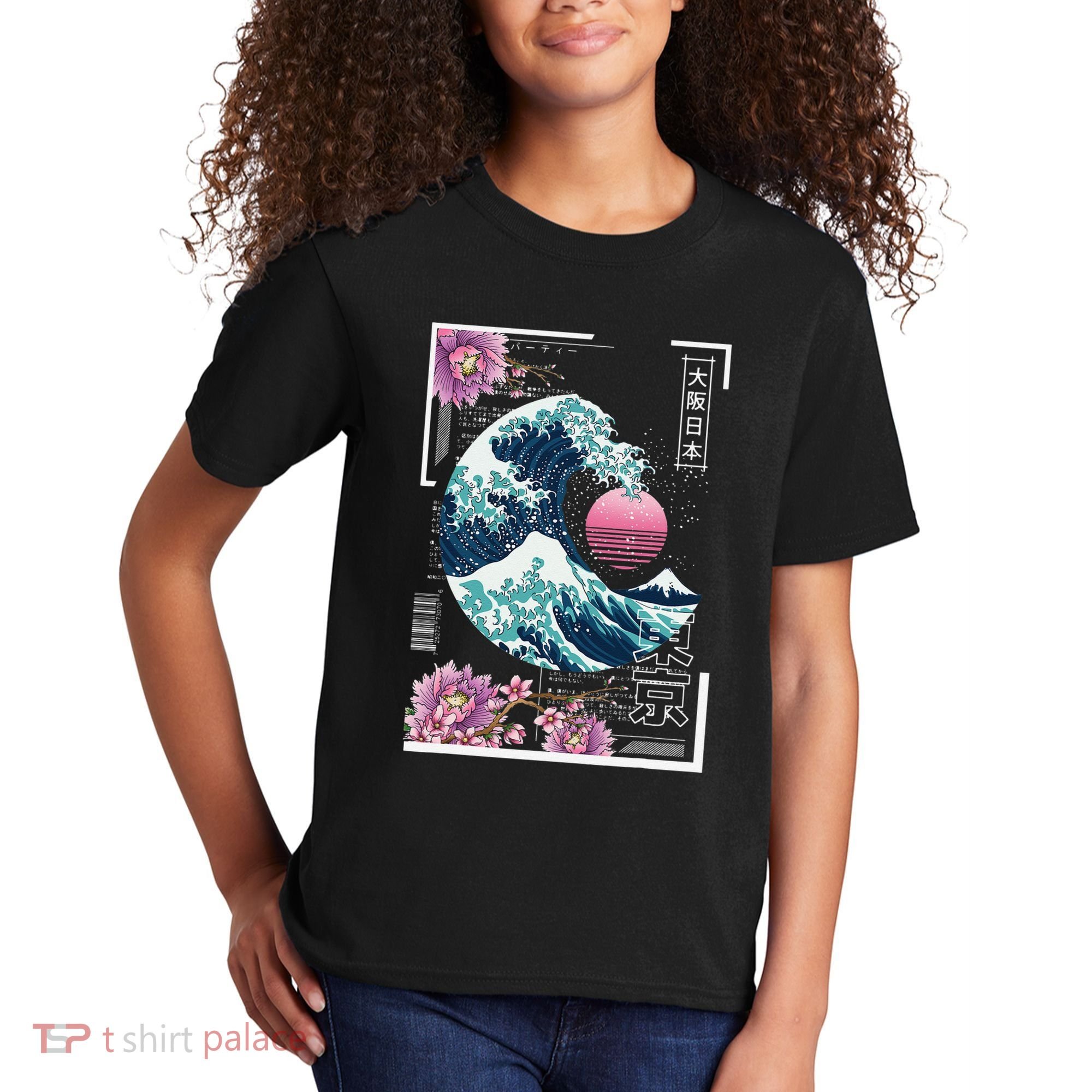Vaporwave Synthwave 80's Japan Japanese Great Wave Tokyo 80s Kids T-Shirt