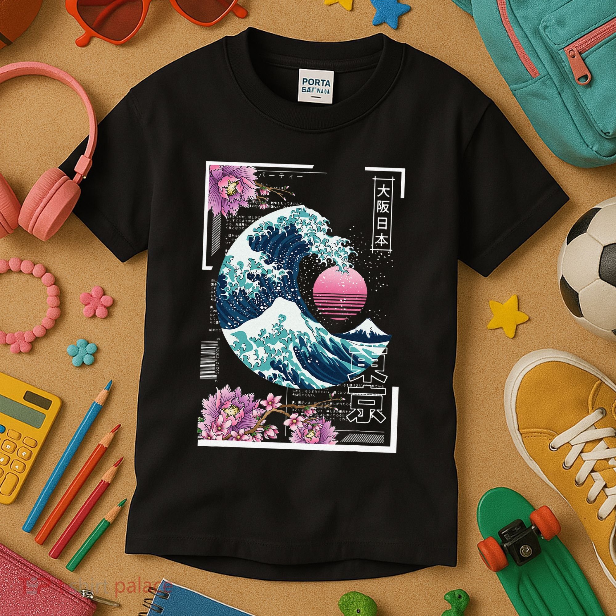 Vaporwave Synthwave 80's Japan Japanese Great Wave Tokyo 80s Kids T-Shirt