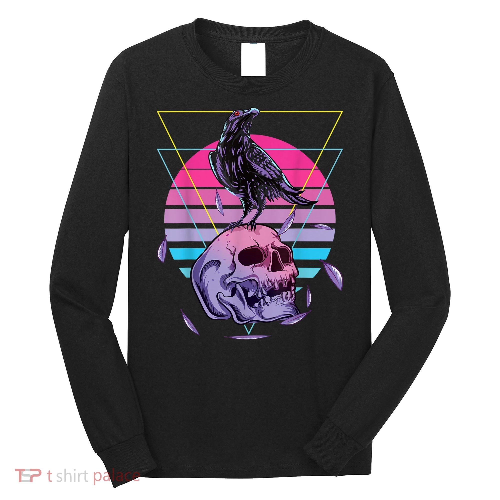 Vaporwave Skull And Crow Retro Aesthetic Pastel Goth Art Long Sleeve Shirt