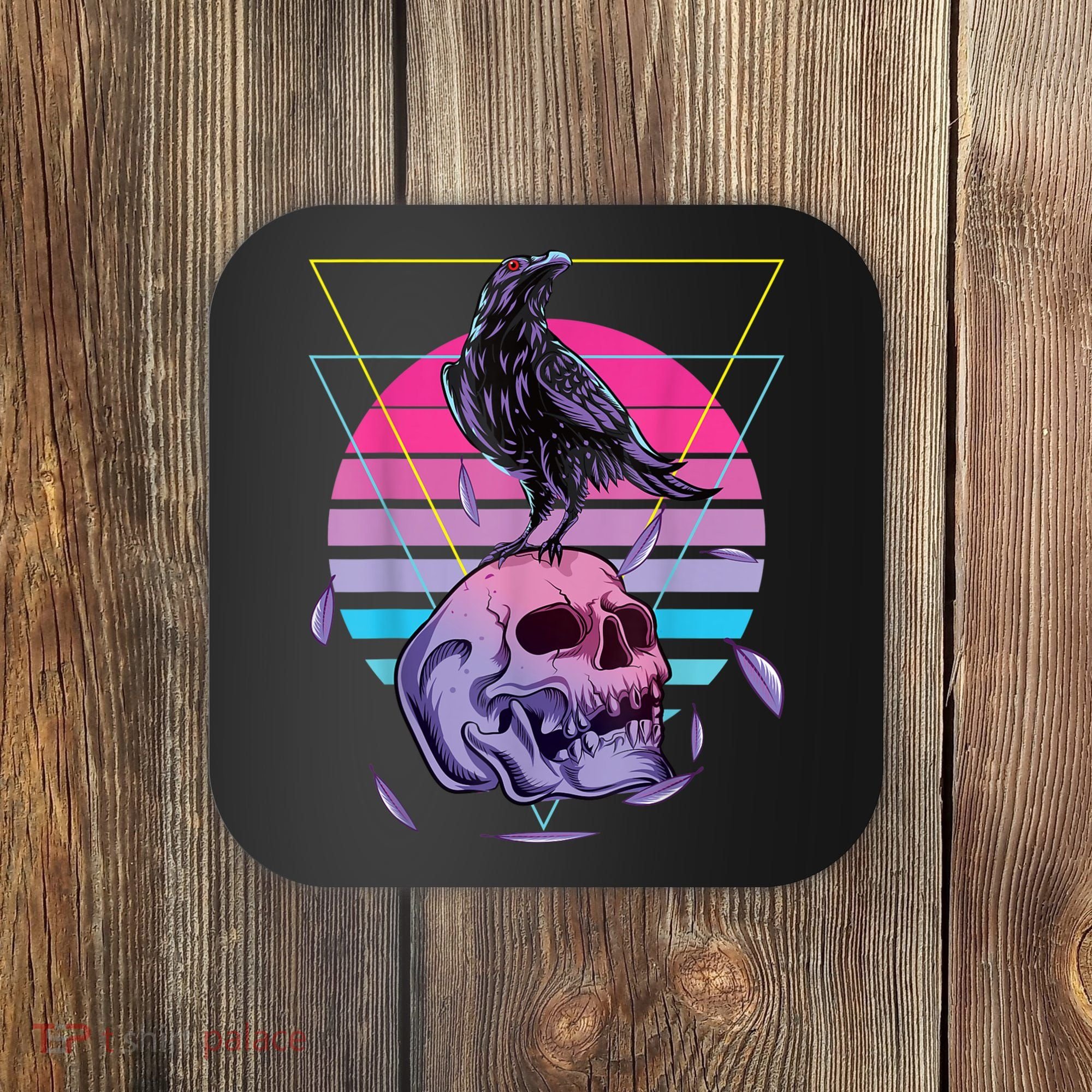 Vaporwave Skull And Crow Retro Aesthetic Pastel Goth Art Coaster