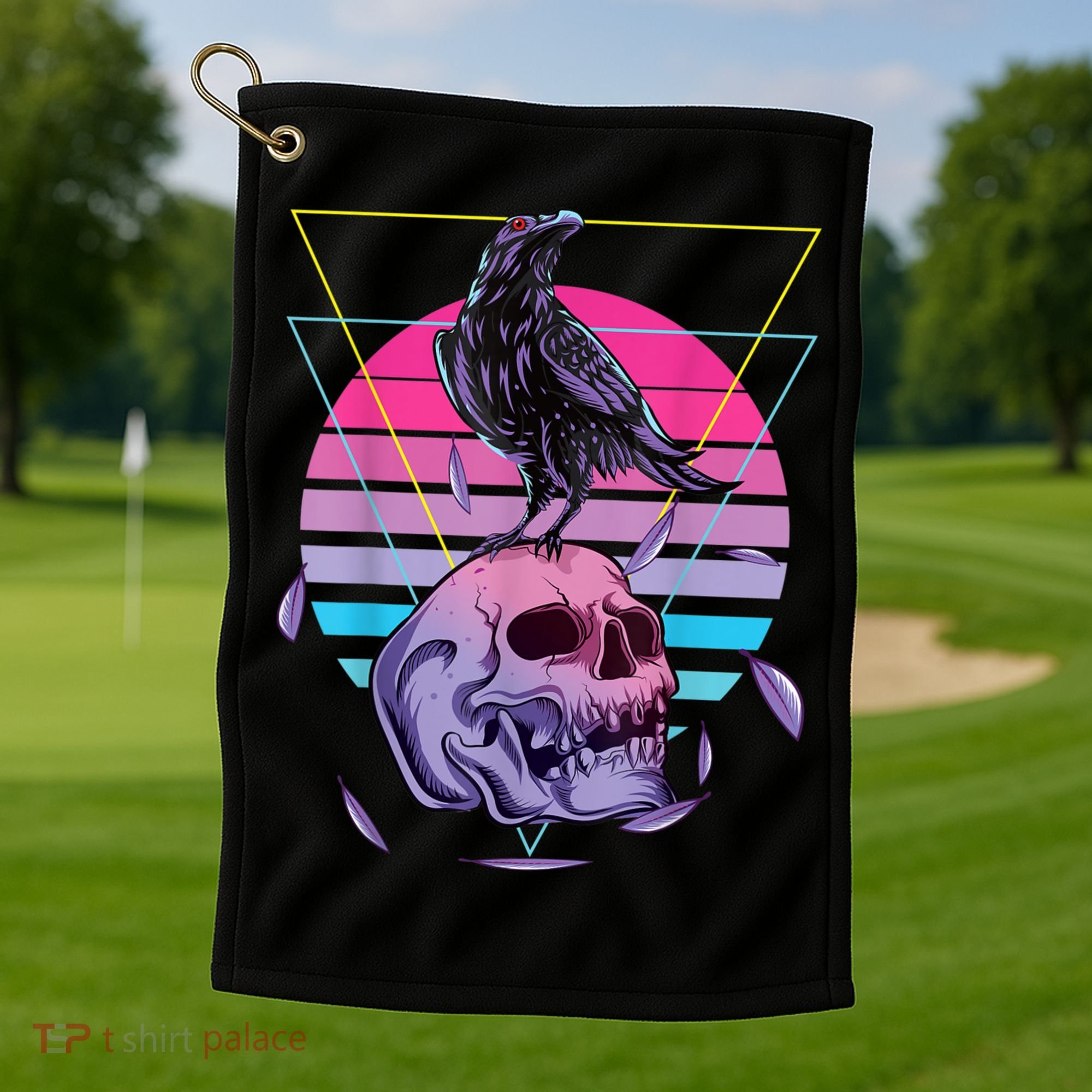 Vaporwave Skull And Crow Retro Aesthetic Pastel Goth Art Golf Towel