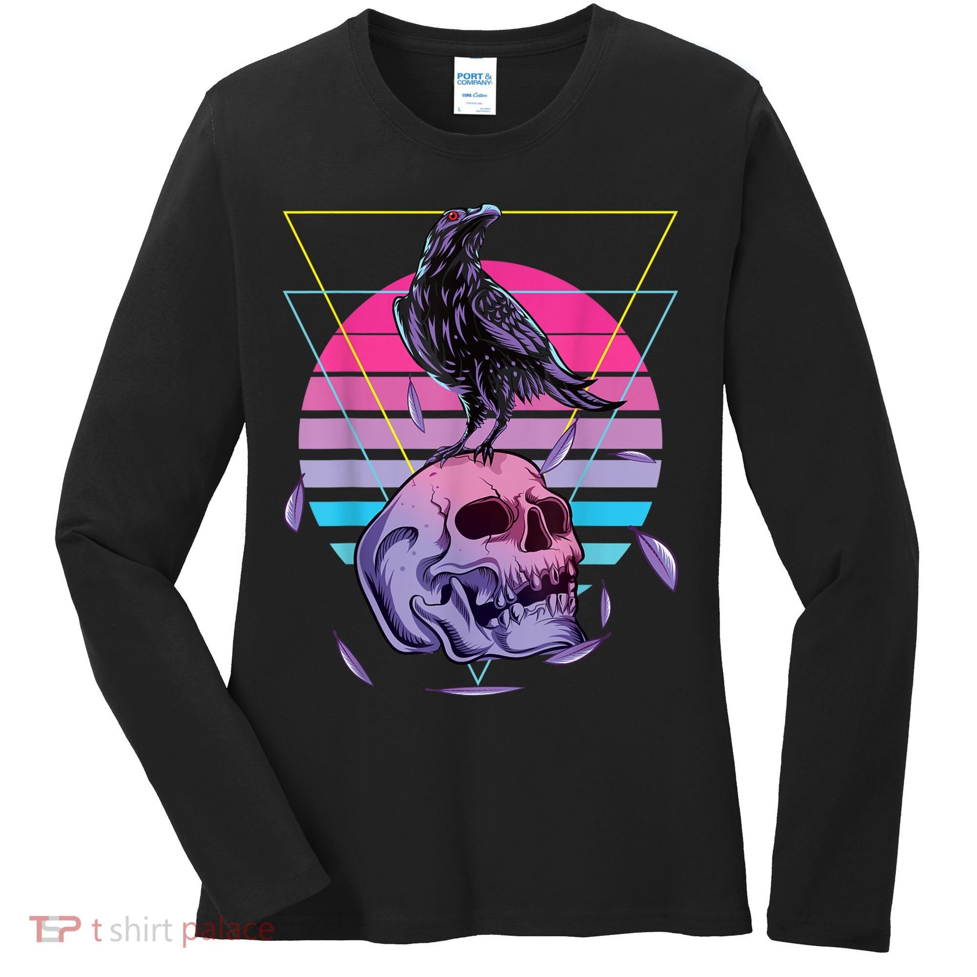 Vaporwave Skull And Crow Retro Aesthetic Pastel Goth Art Women's Long Sleeve Shirt