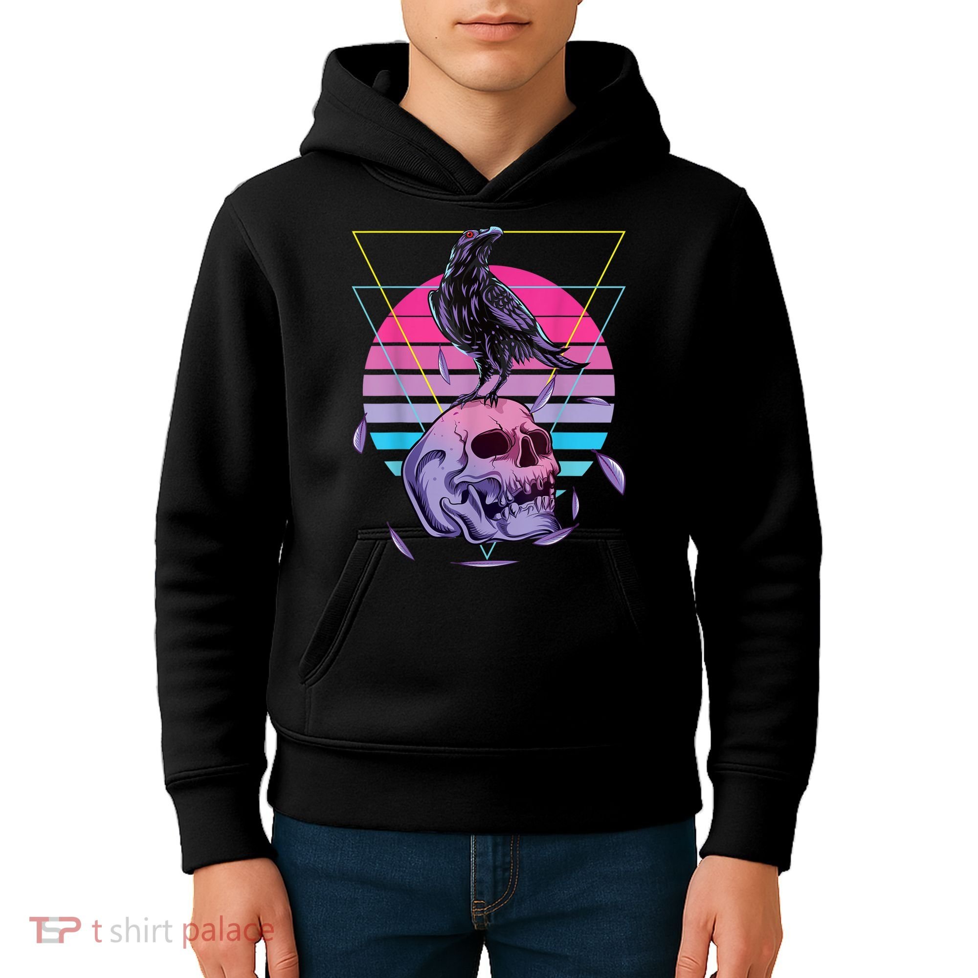 Vaporwave Skull And Crow Retro Aesthetic Pastel Goth Art Kids Hoodie