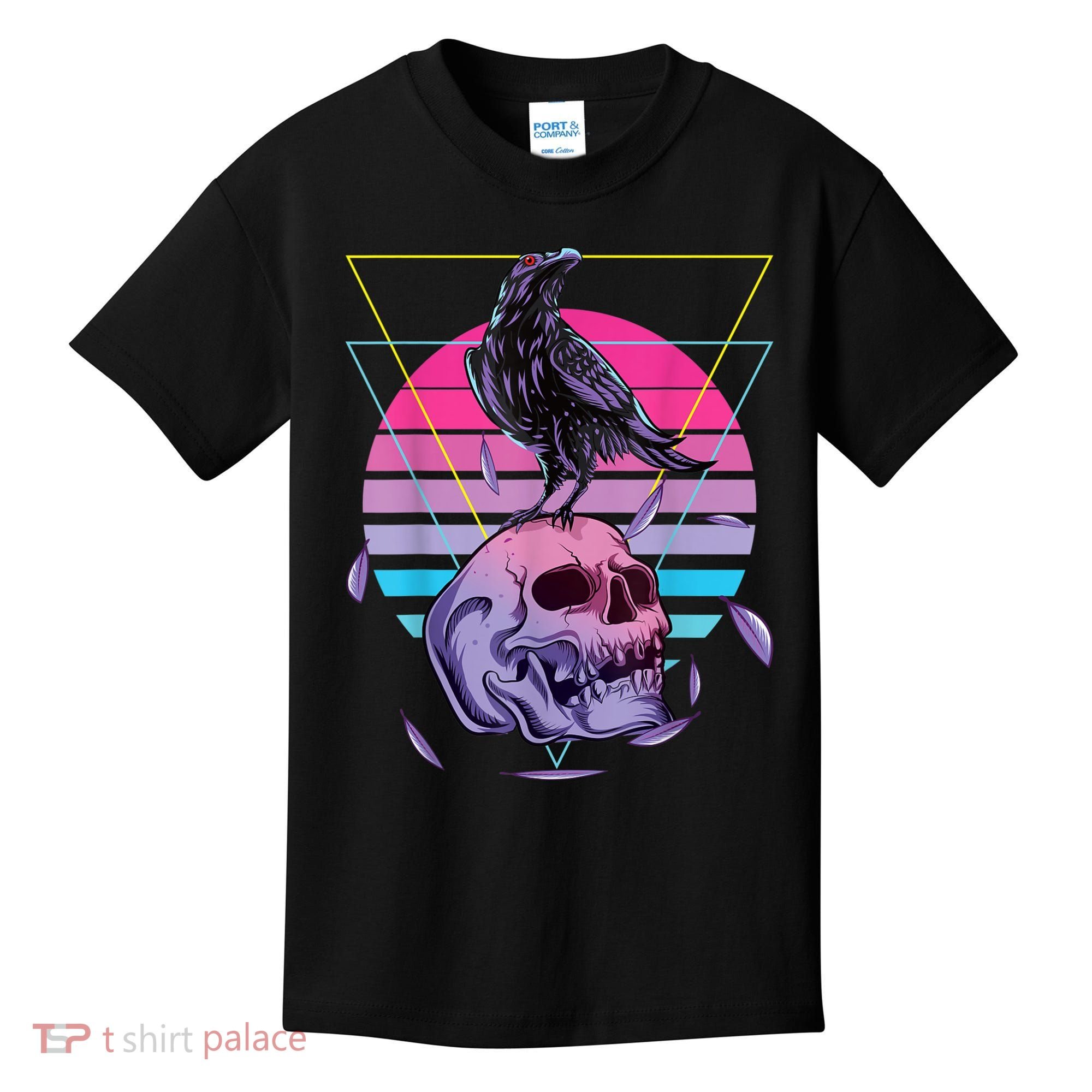 Vaporwave Skull And Crow Retro Aesthetic Pastel Goth Art Kids T-Shirt