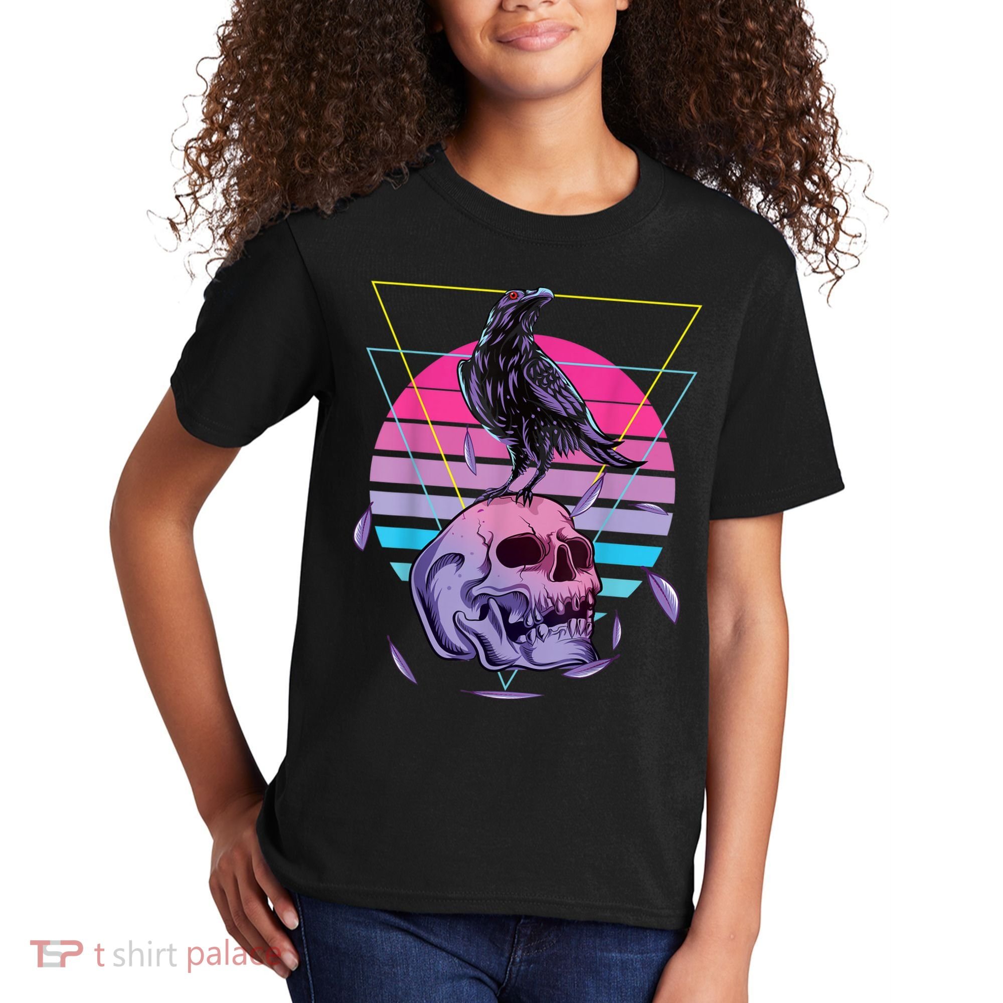 Vaporwave Skull And Crow Retro Aesthetic Pastel Goth Art Kids T-Shirt