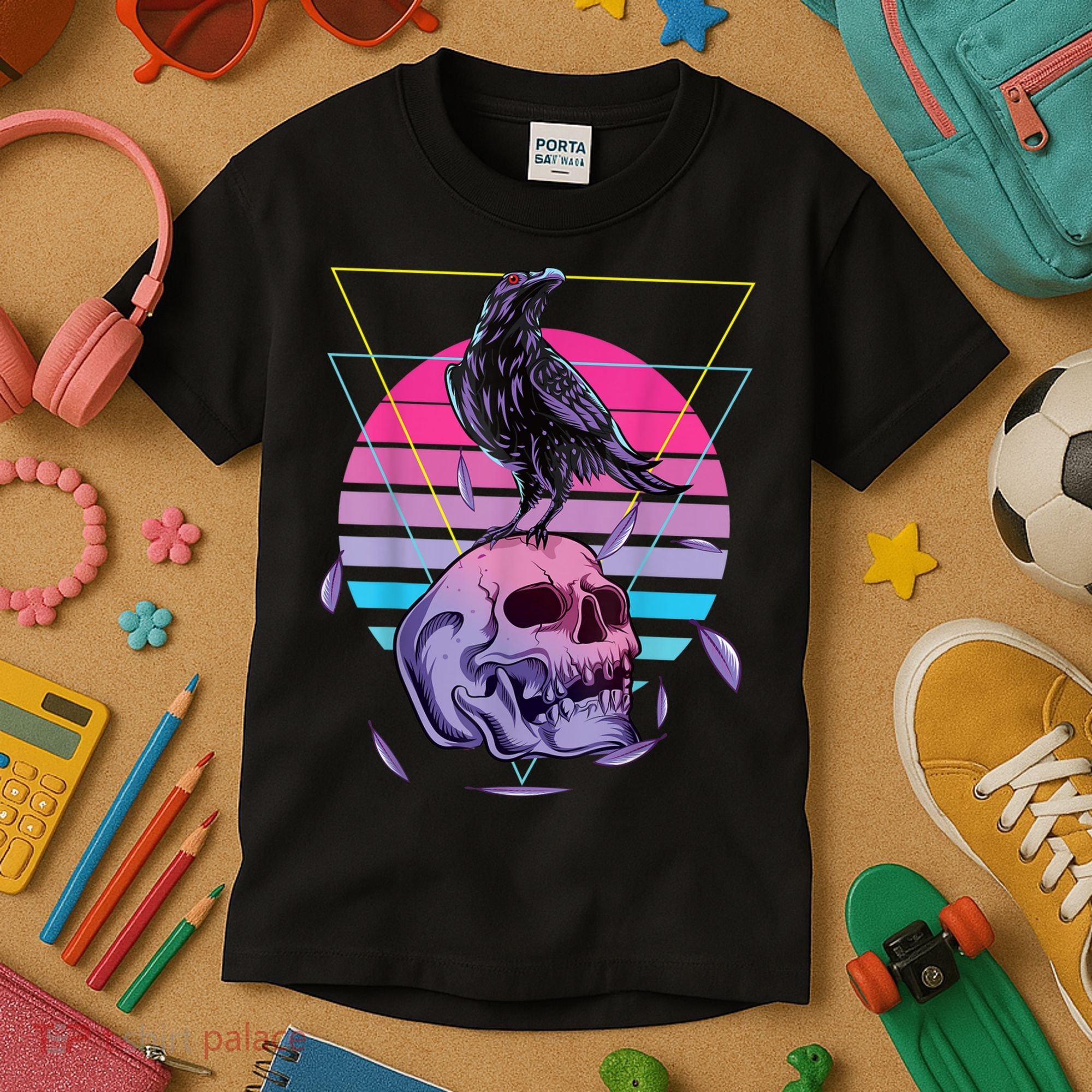 Vaporwave Skull And Crow Retro Aesthetic Pastel Goth Art Kids T-Shirt