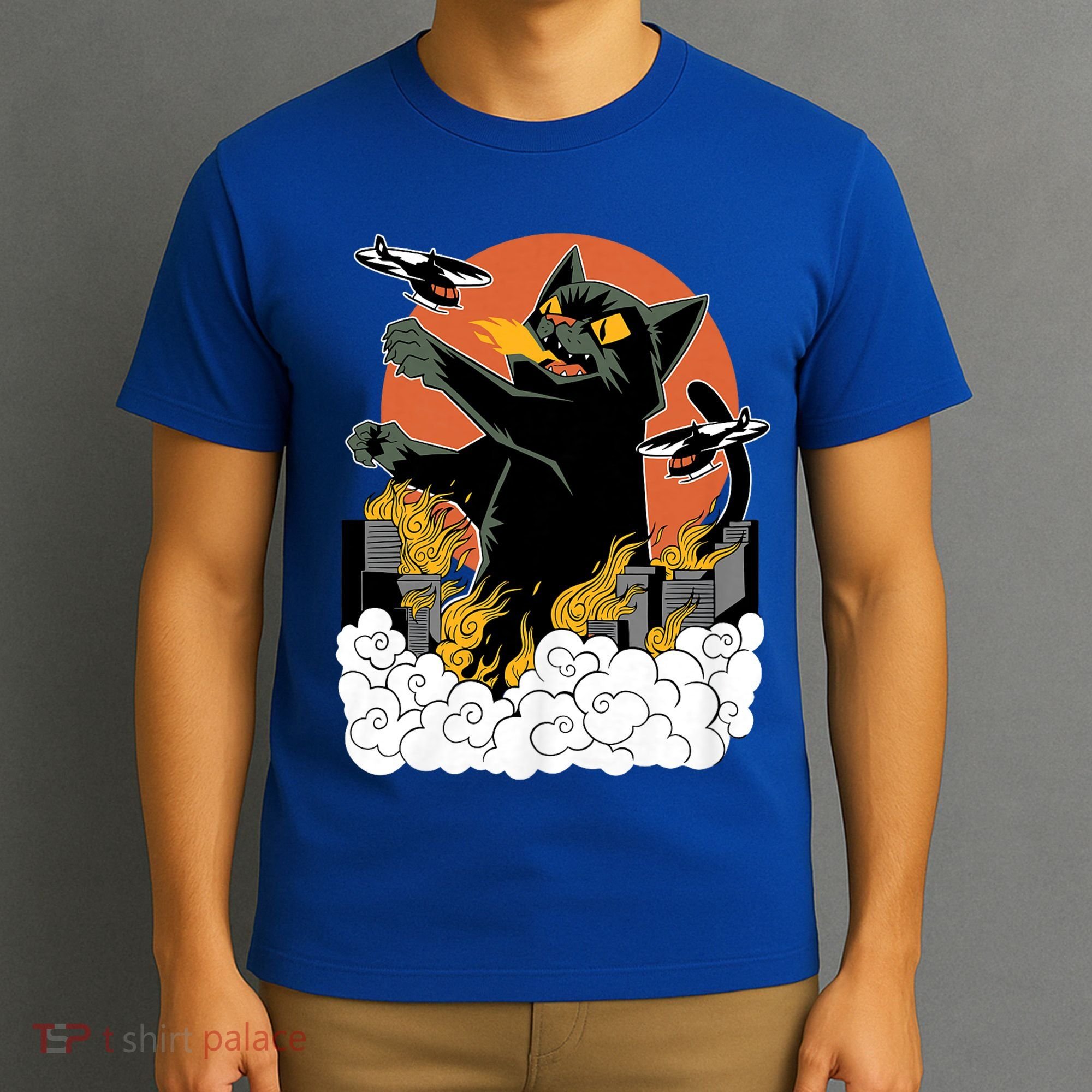 Vintage Sunset Attack Giant Cat Black Japanese Catzilla Sunset T-Shirt