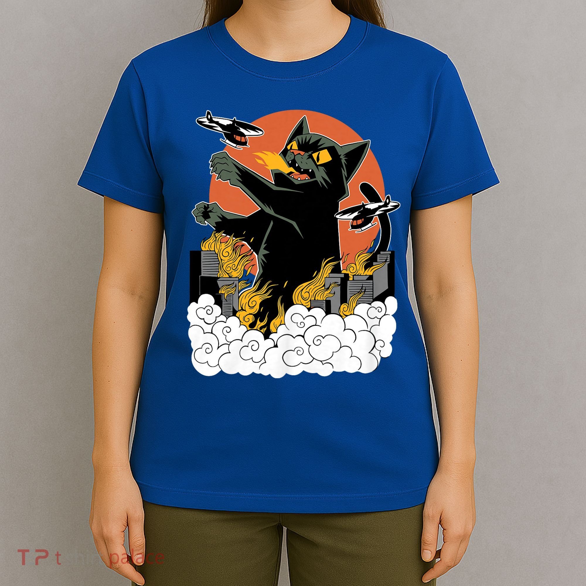 Vintage Sunset Attack Giant Cat Black Japanese Catzilla Sunset T-Shirt