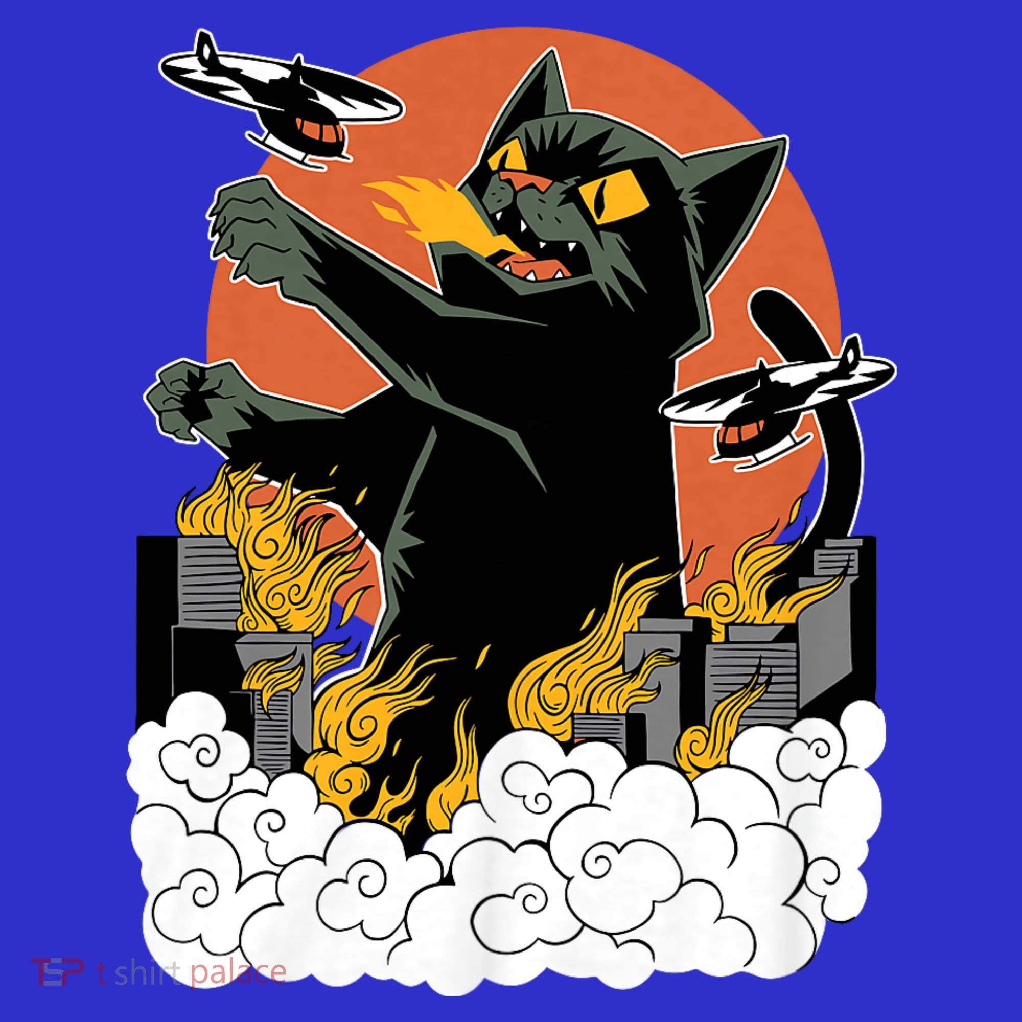 Vintage Sunset Attack Giant Cat Black Japanese Catzilla Sunset T-Shirt