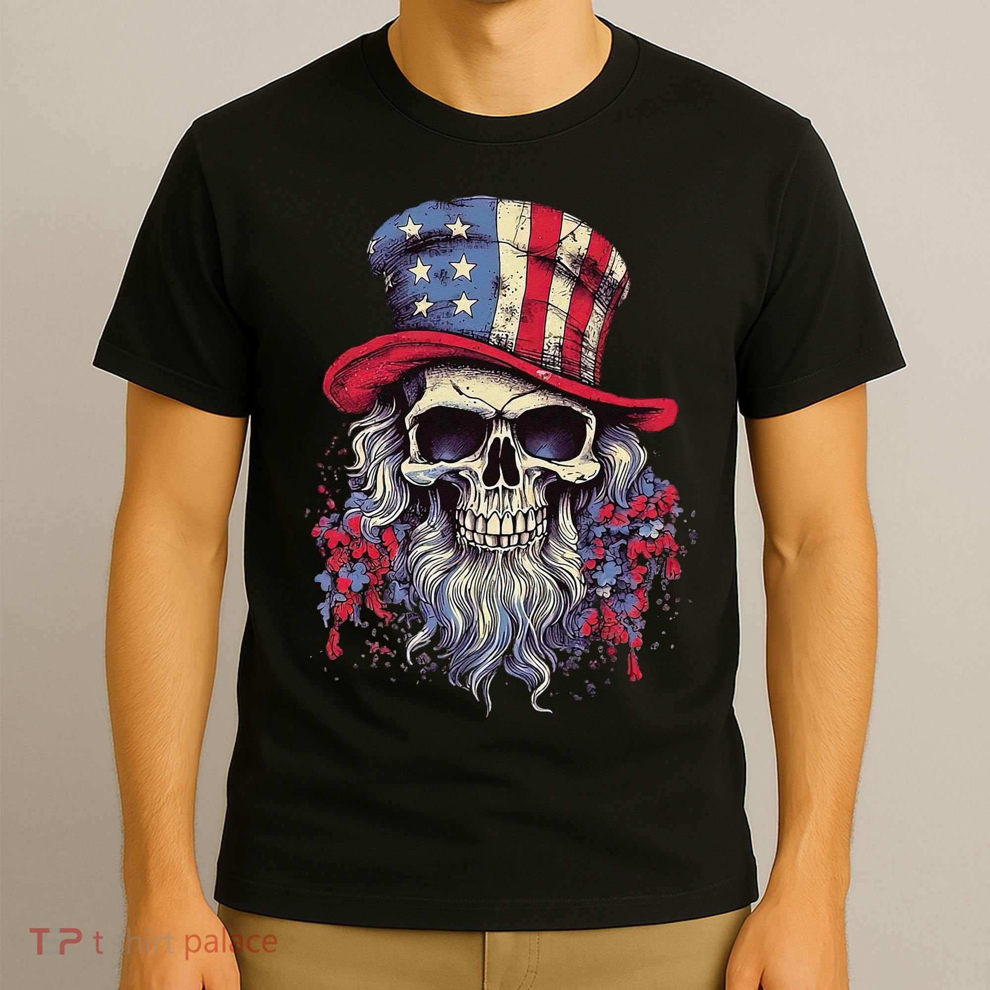 Vintage Skull American Flag Hat 4th Of July Patriotic T-Shirt