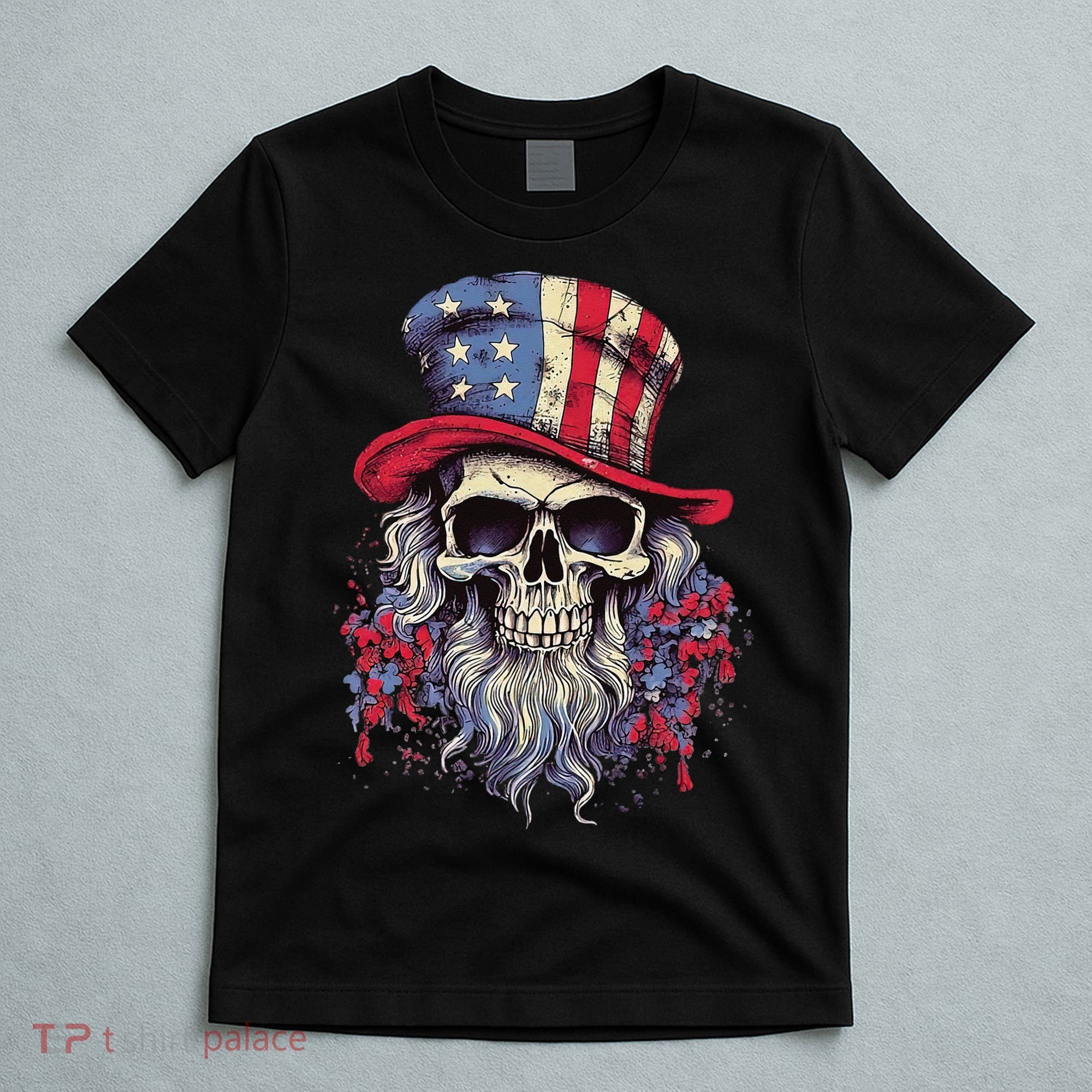 Vintage Skull American Flag Hat 4th Of July Patriotic T-Shirt