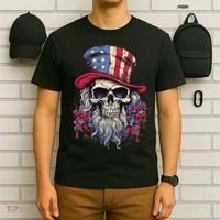 Vintage Skull American Flag Hat 4th Of July Patriotic T-Shirt thumb 6