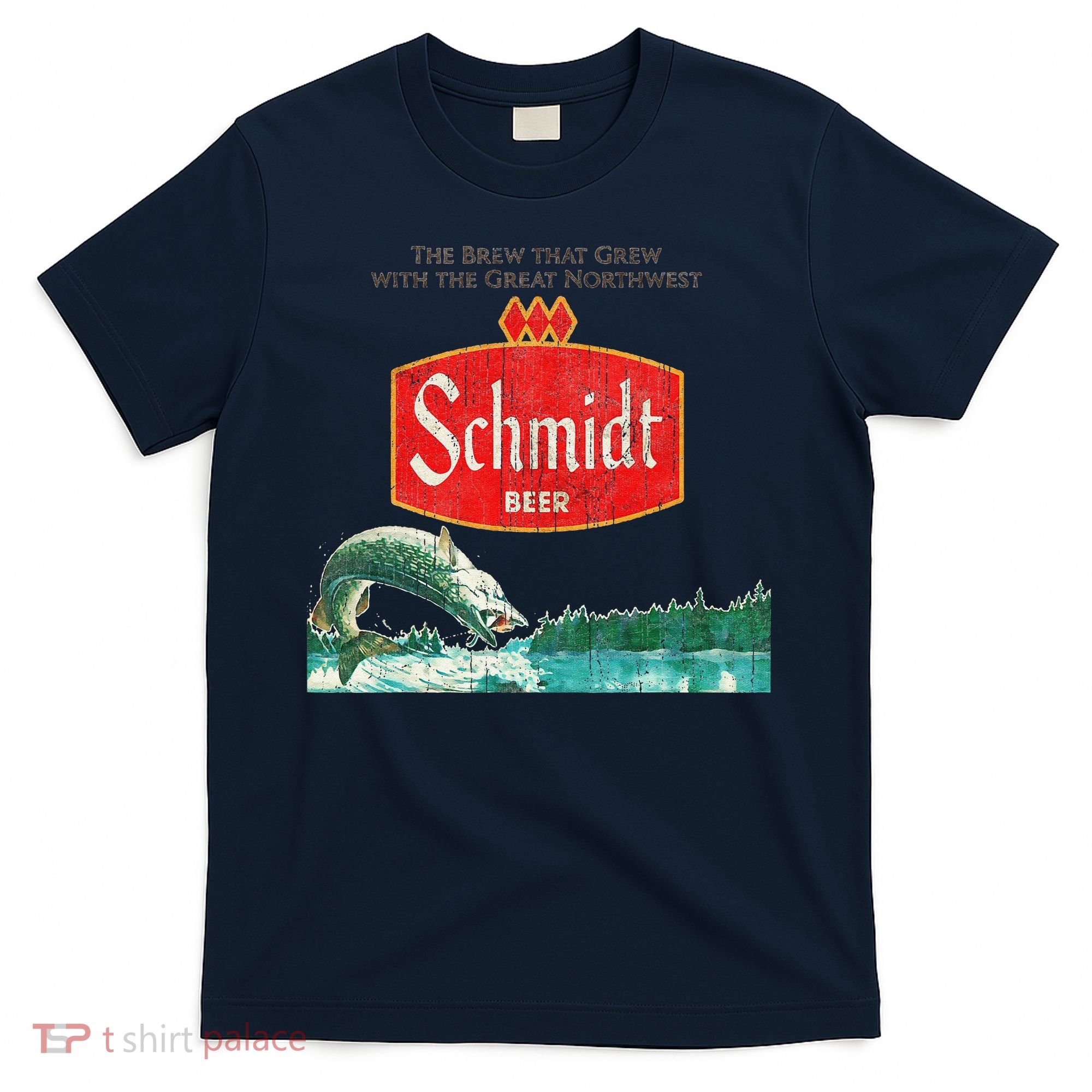 Vintage Schmidt Beer Retro Defunct Fishing Nature Scene T-Shirt