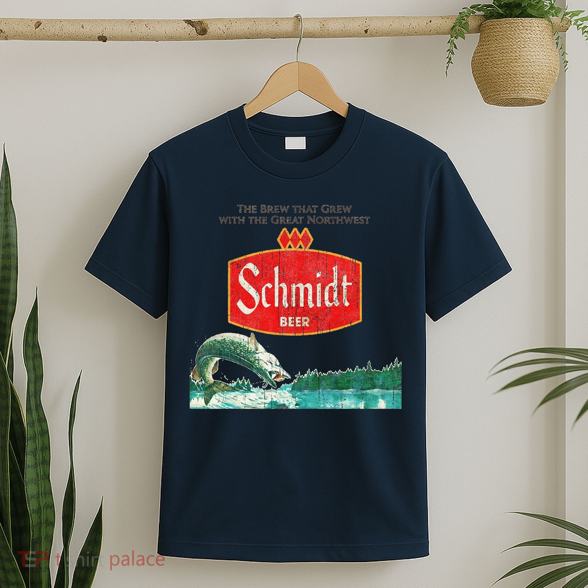 Vintage Schmidt Beer Retro Defunct Fishing Nature Scene T-Shirt