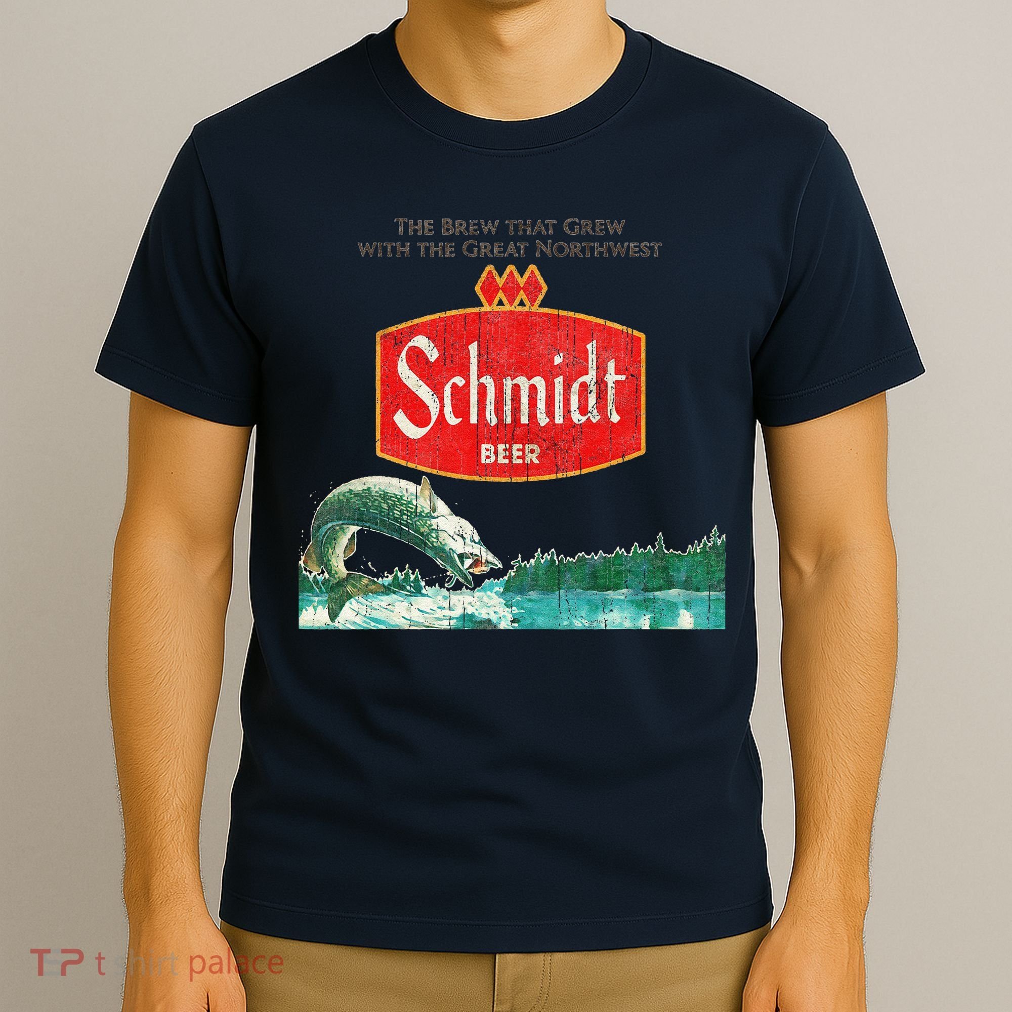 Vintage Schmidt Beer Retro Defunct Fishing Nature Scene T-Shirt