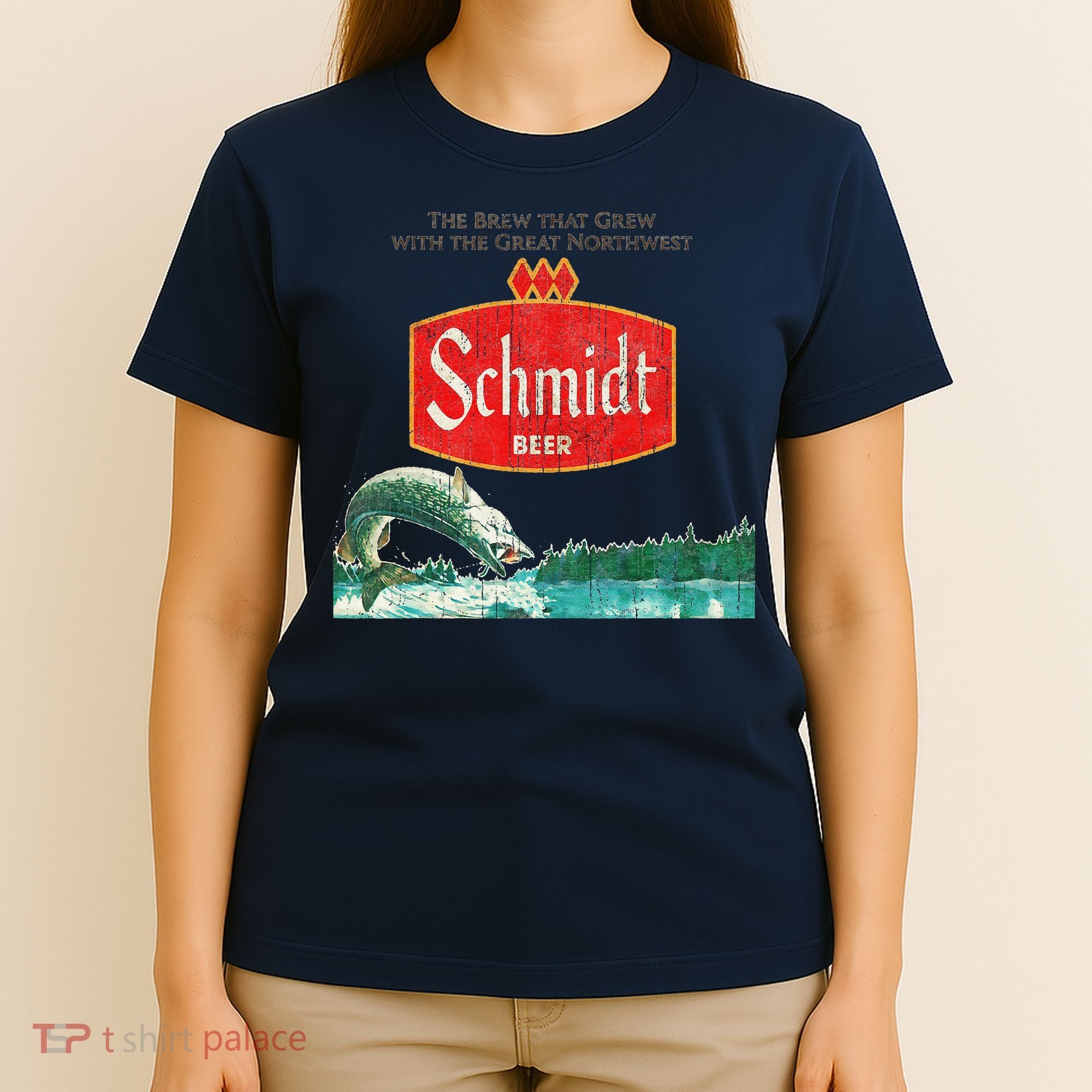 Vintage Schmidt Beer Retro Defunct Fishing Nature Scene T-Shirt