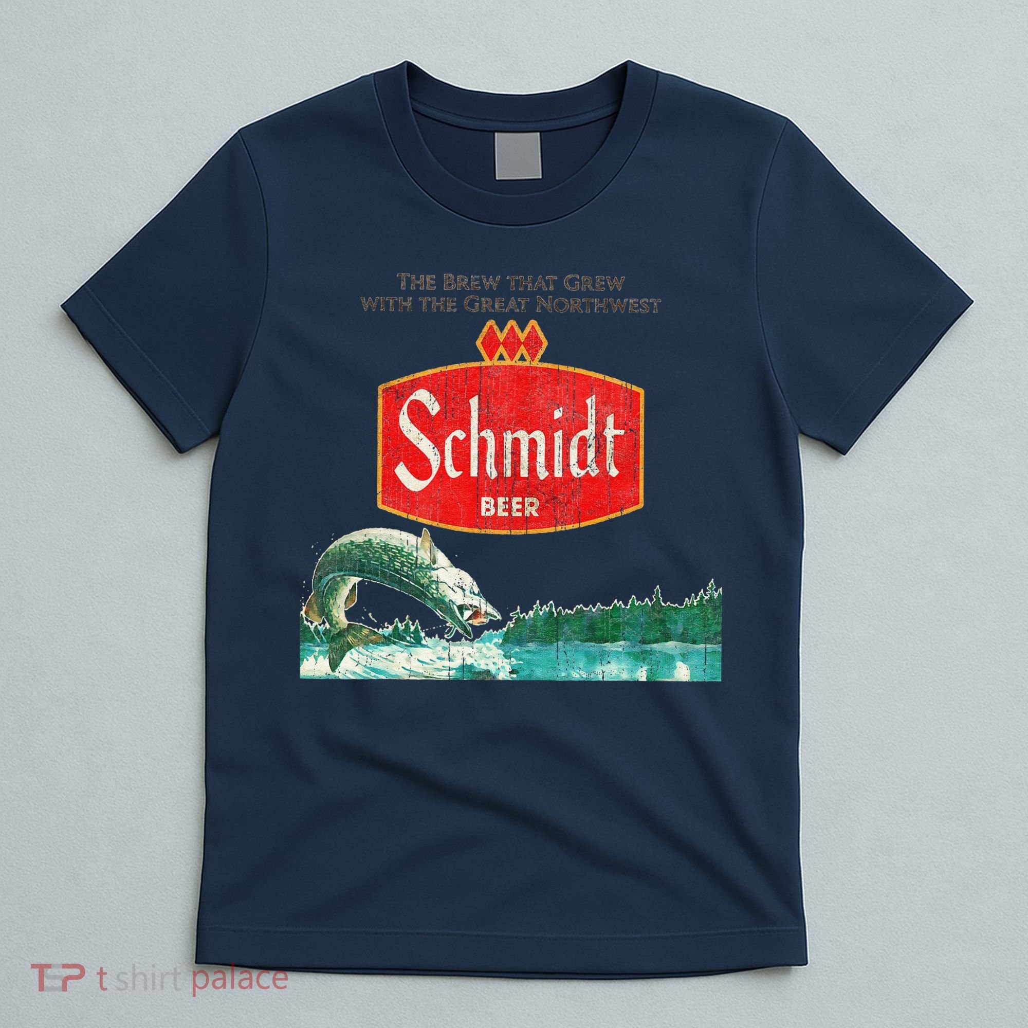 Vintage Schmidt Beer Retro Defunct Fishing Nature Scene T-Shirt