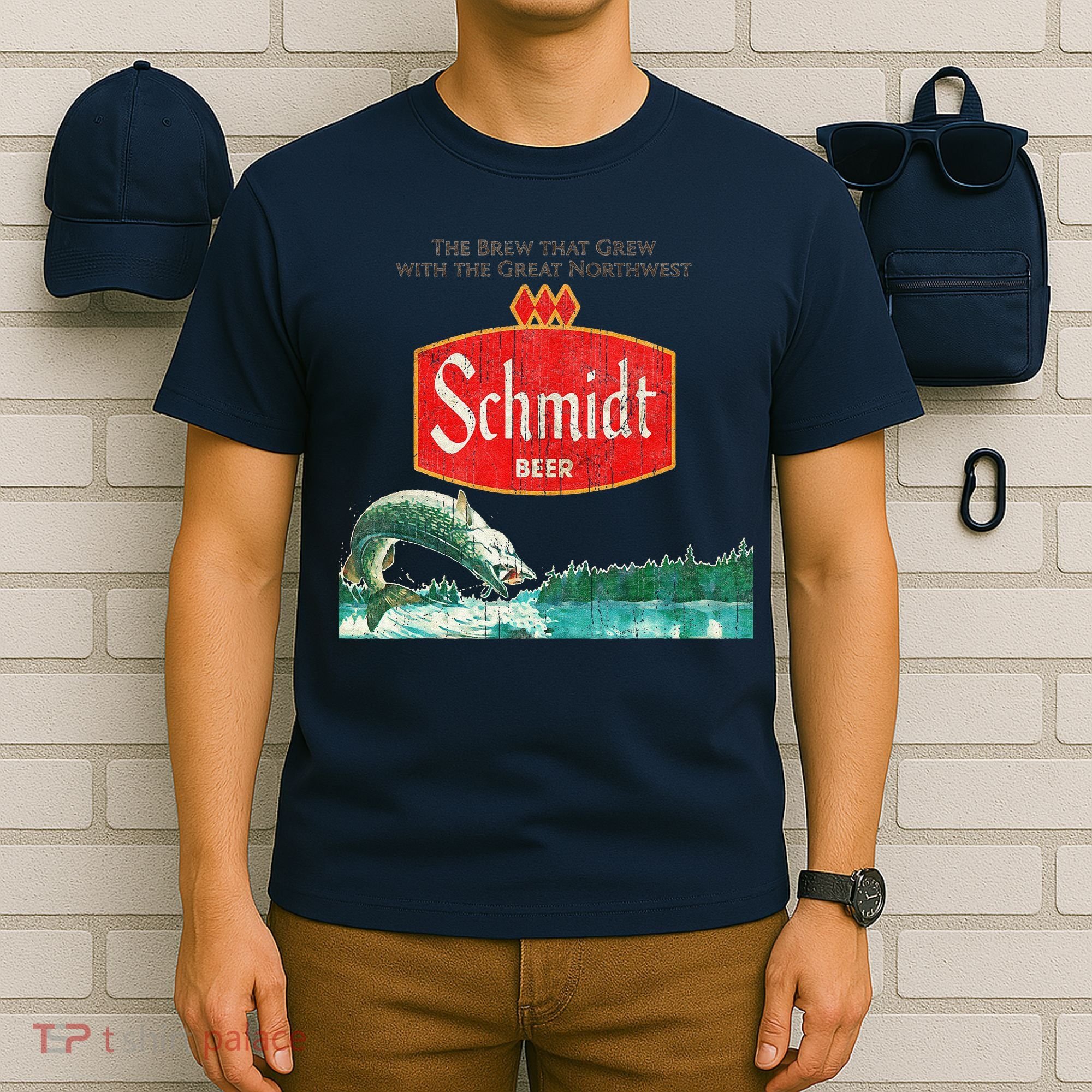 Vintage Schmidt Beer Retro Defunct Fishing Nature Scene T-Shirt