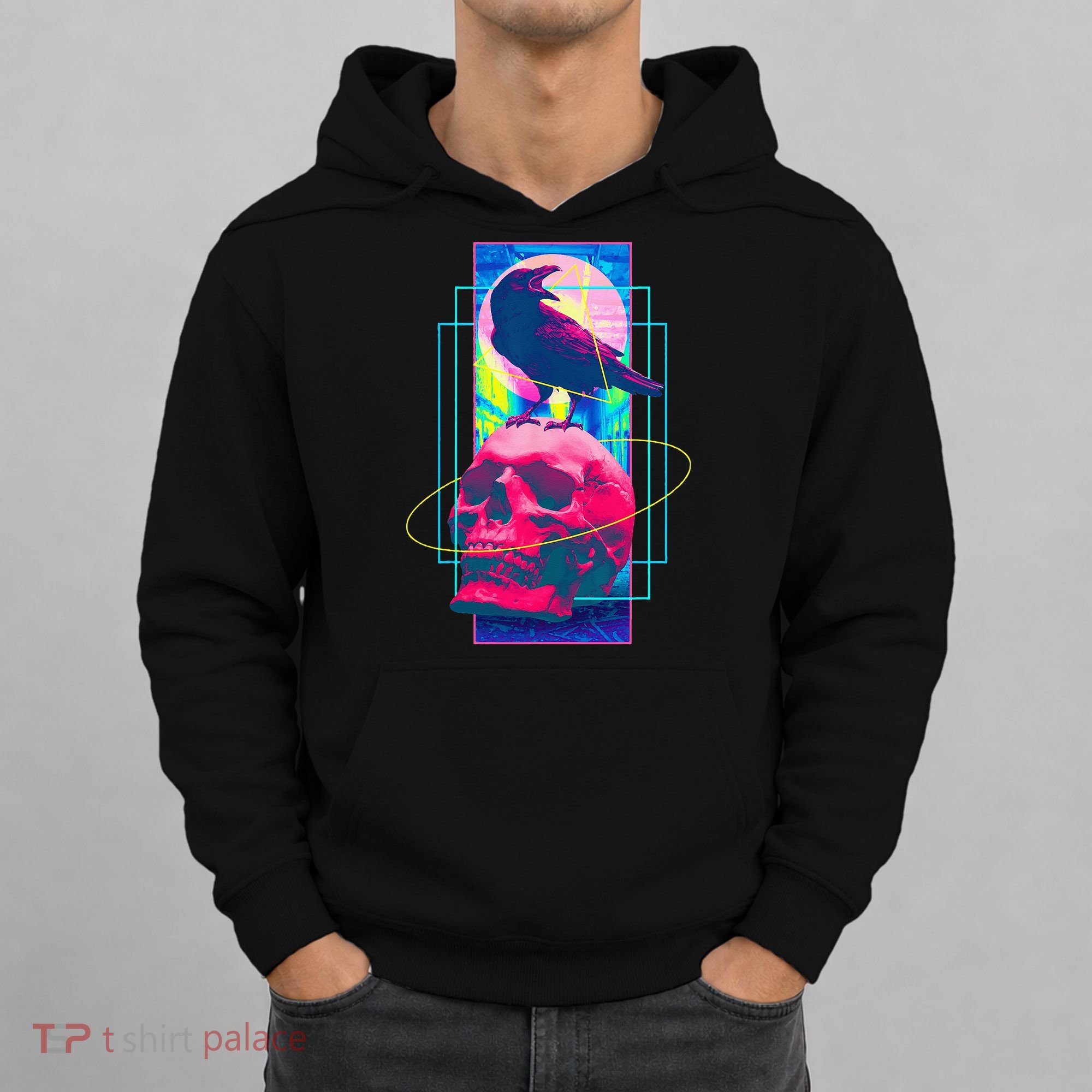 Vaporwave Skull & Crow Halloween Retro Aesthetic Art Hoodie