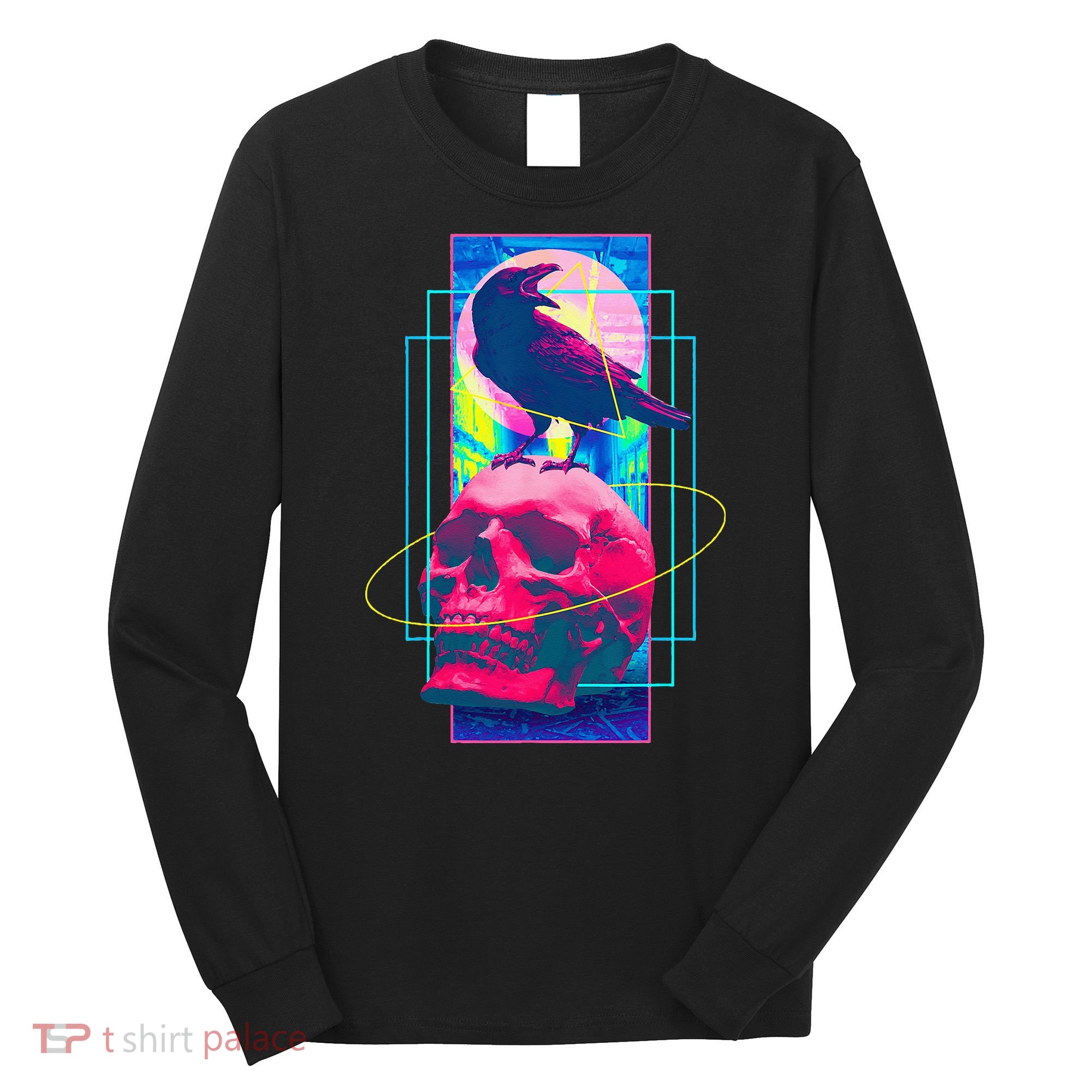 Vaporwave Skull & Crow Halloween Retro Aesthetic Art Long Sleeve Shirt