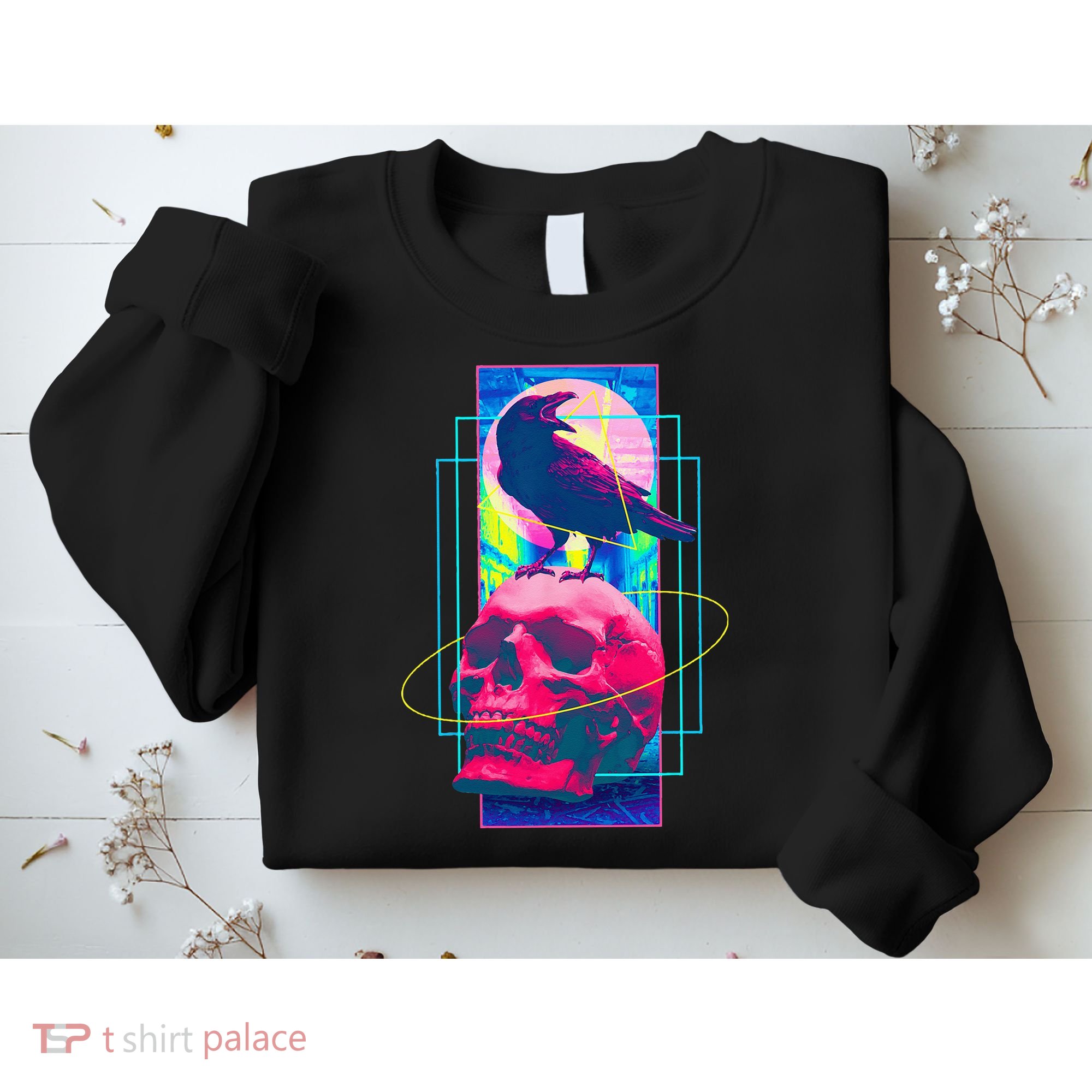 Vaporwave Skull & Crow Halloween Retro Aesthetic Art Sweatshirt