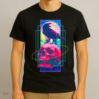 Vaporwave Skull & Crow Halloween Retro Aesthetic Art T-Shirt thumb 3