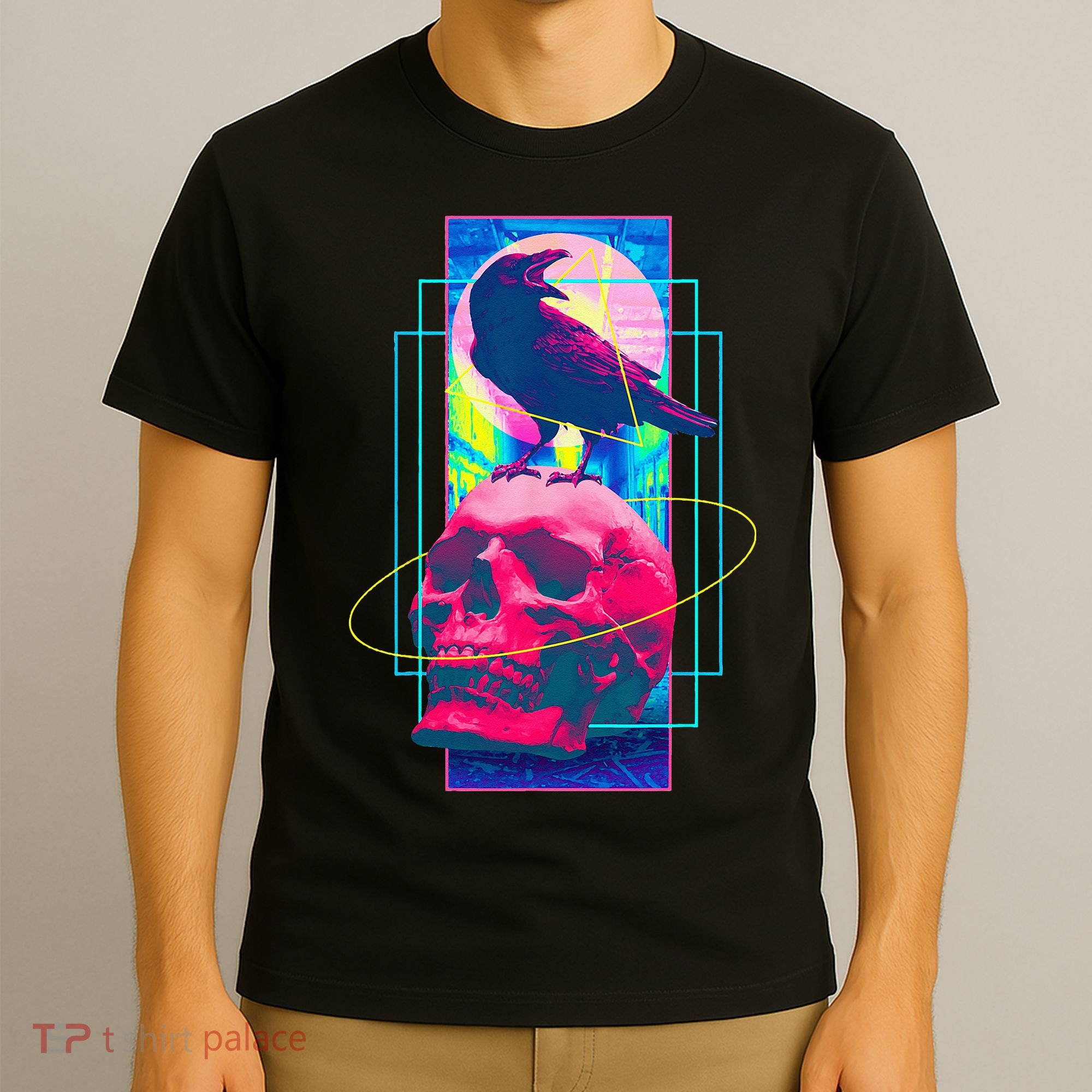 Vaporwave Skull & Crow Halloween Retro Aesthetic Art T-Shirt