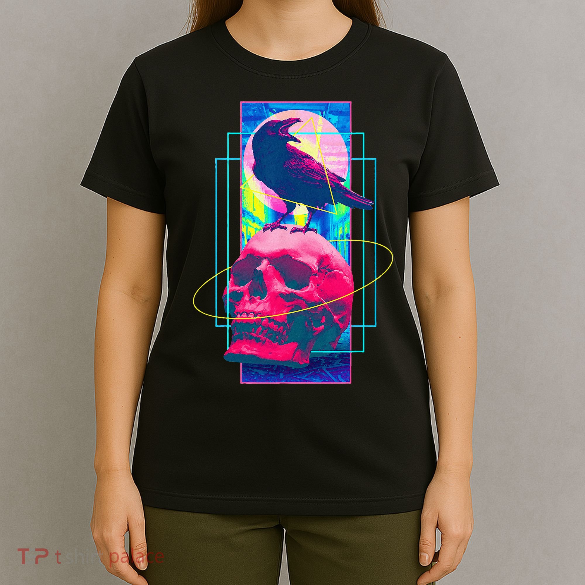 Vaporwave Skull & Crow Halloween Retro Aesthetic Art T-Shirt