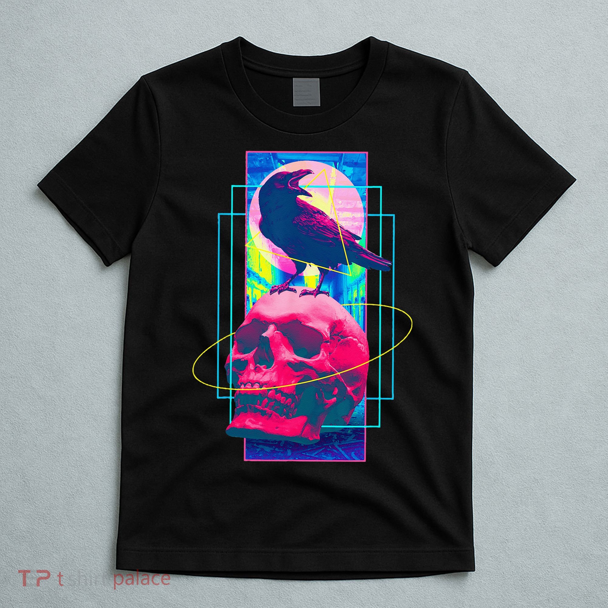 Vaporwave Skull & Crow Halloween Retro Aesthetic Art T-Shirt