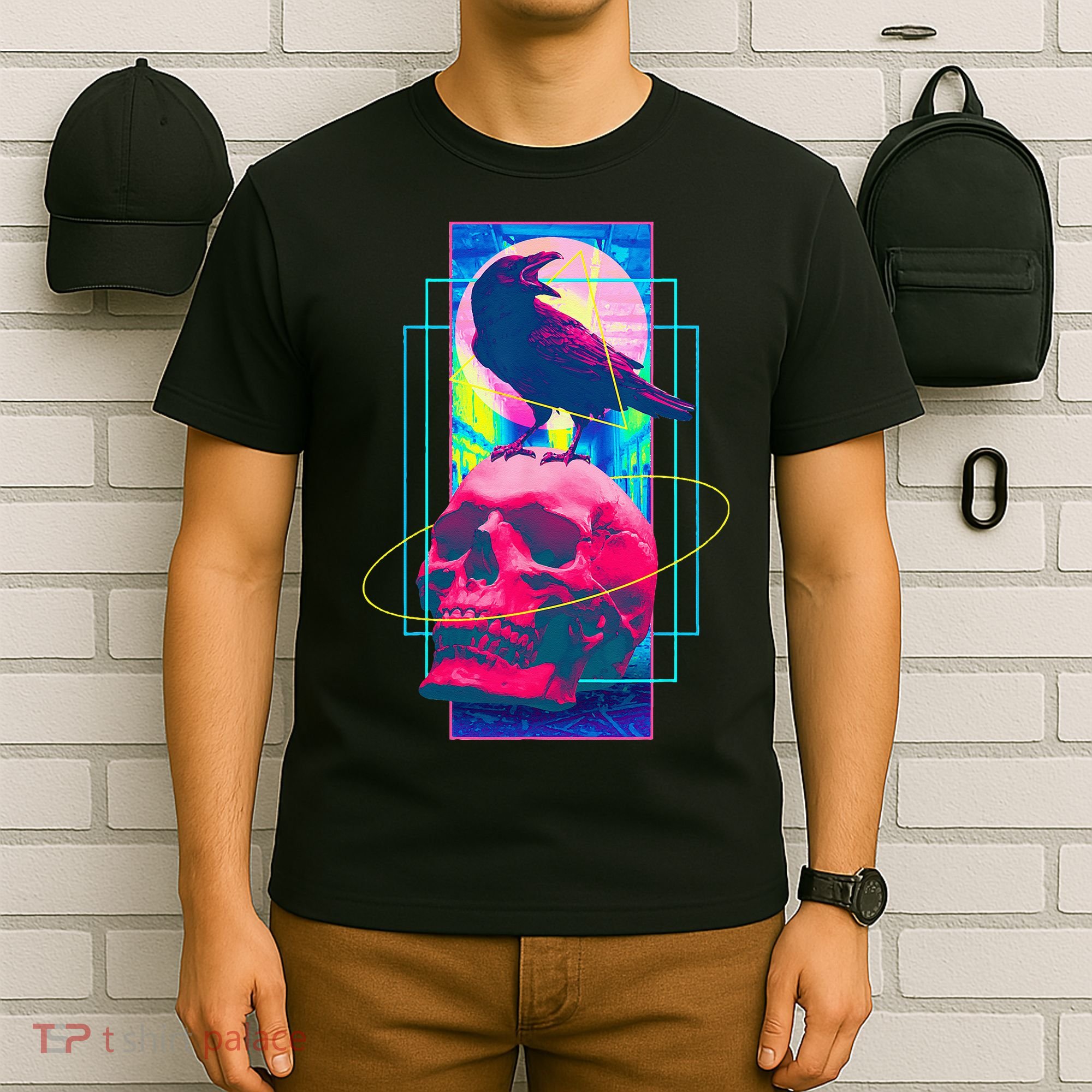 Vaporwave Skull & Crow Halloween Retro Aesthetic Art T-Shirt