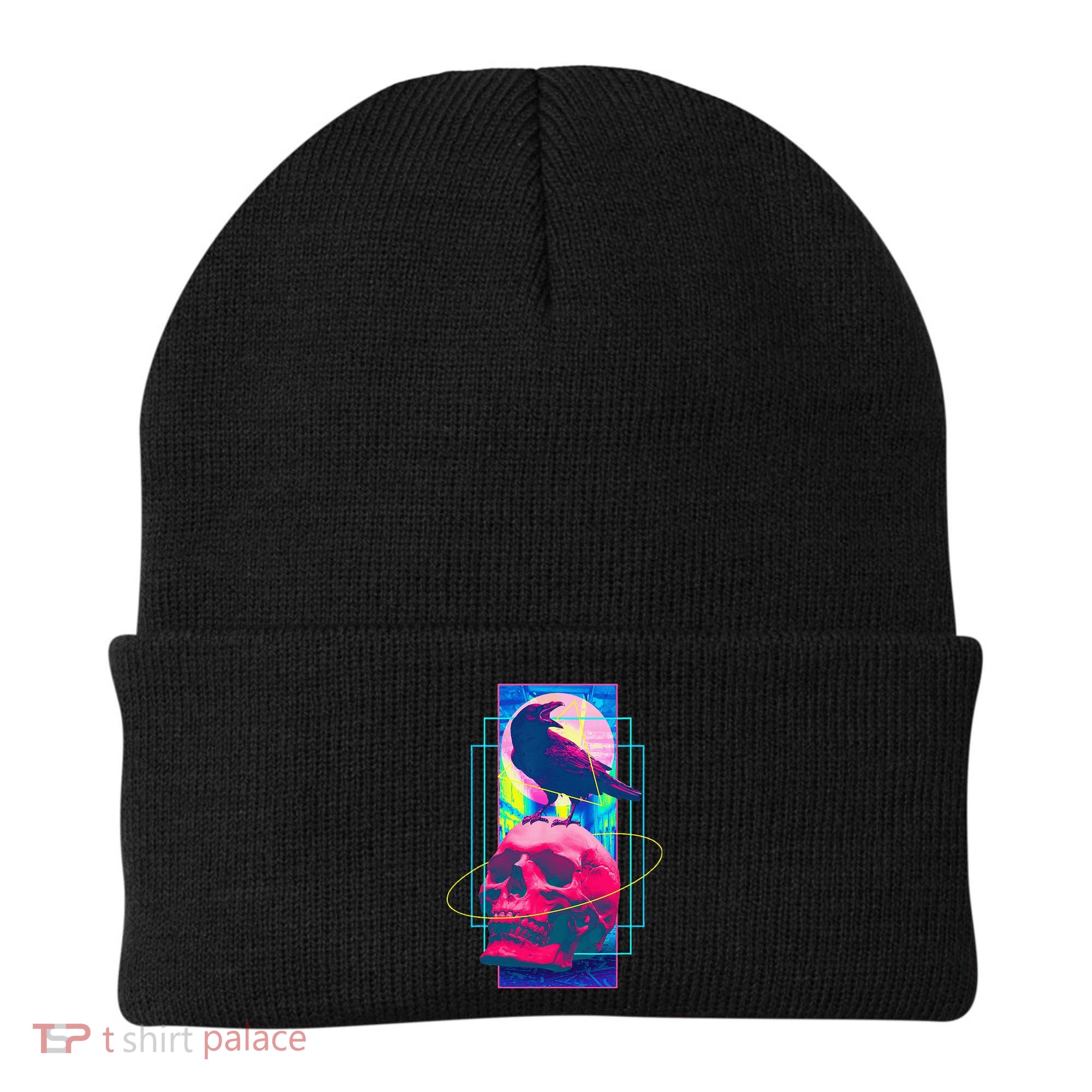 Vaporwave Skull & Crow Halloween Retro Aesthetic Art Beanie
